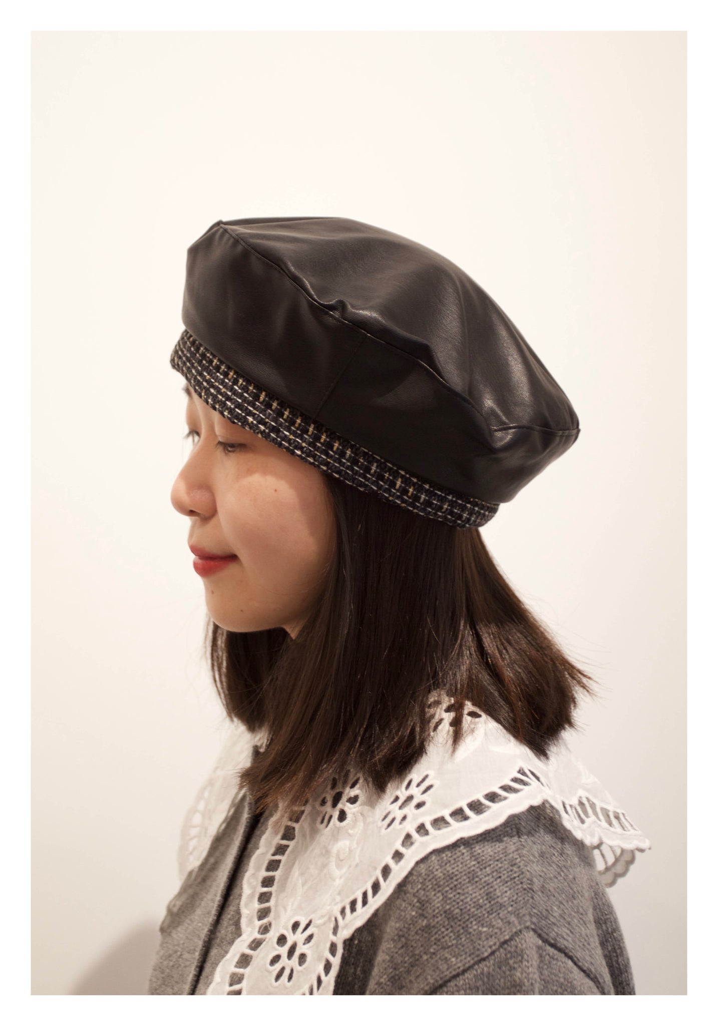 Tweed Edge Faux Leather Beret Black - whoami
