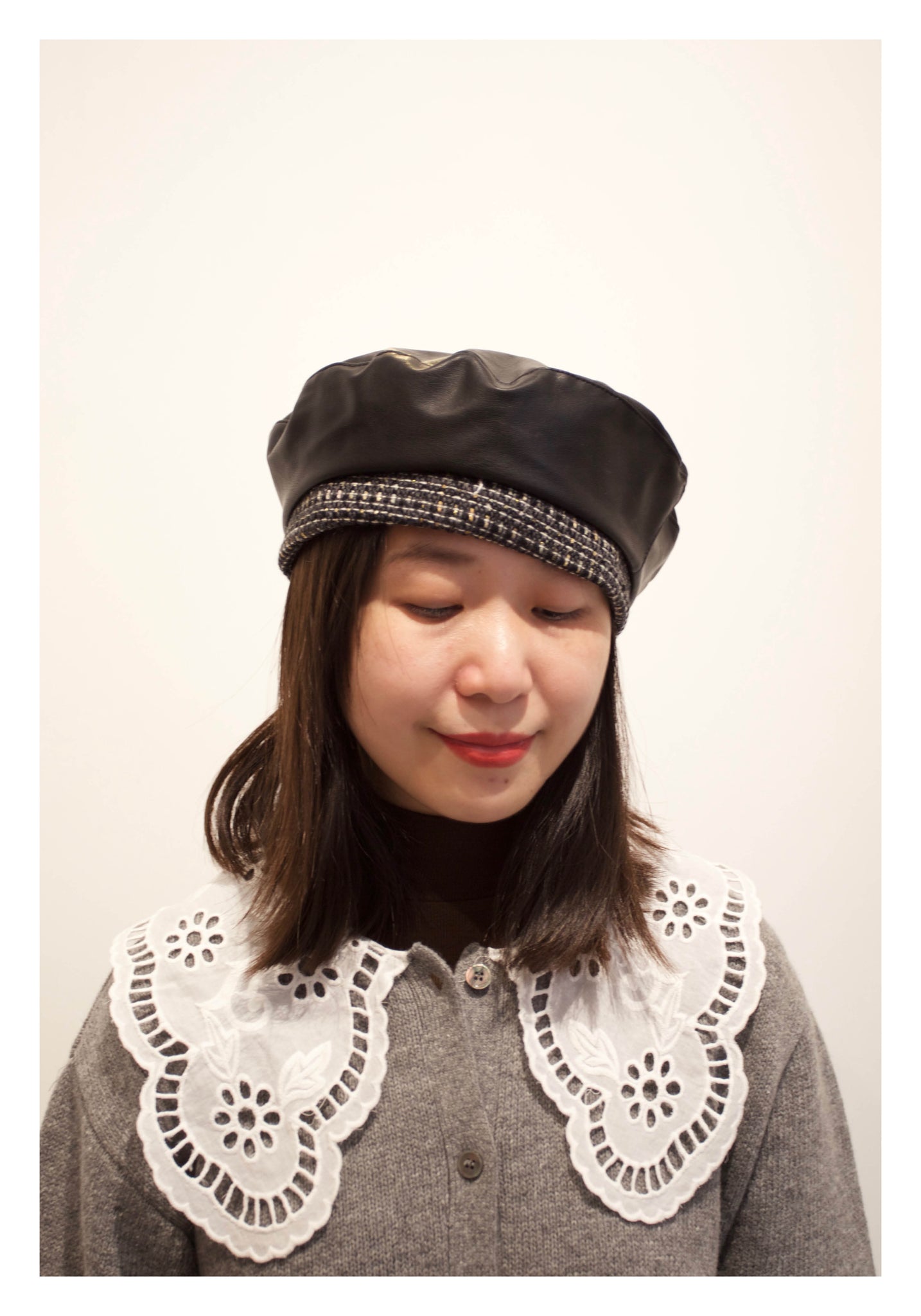Tweed Edge Faux Leather Beret Black - whoami