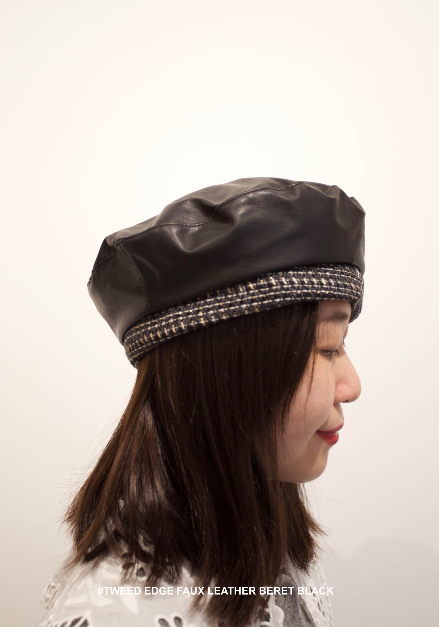 Tweed Edge Faux Leather Beret Black - whoami