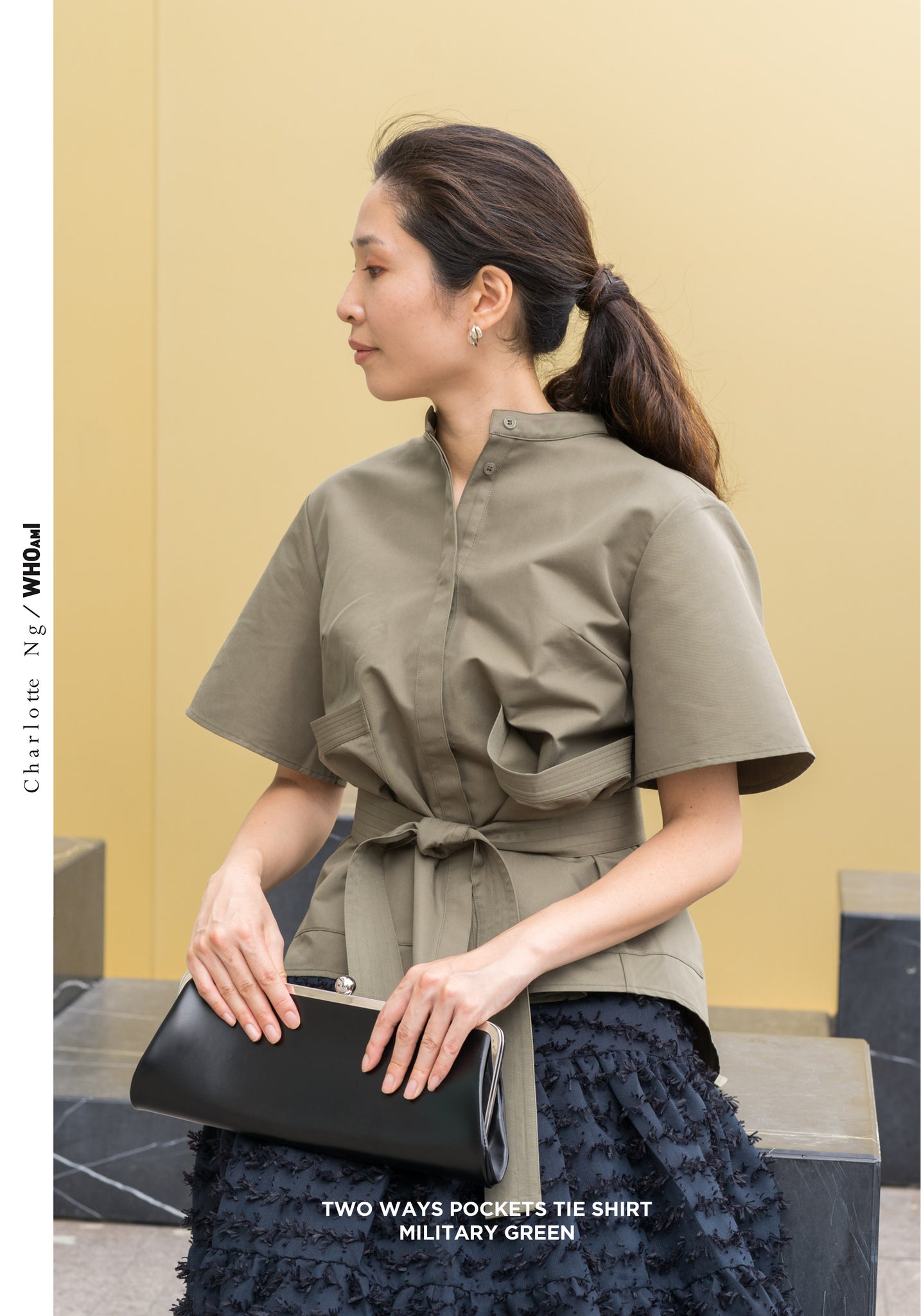 Two Ways Pockets Tie Shirt Military Green - whoami