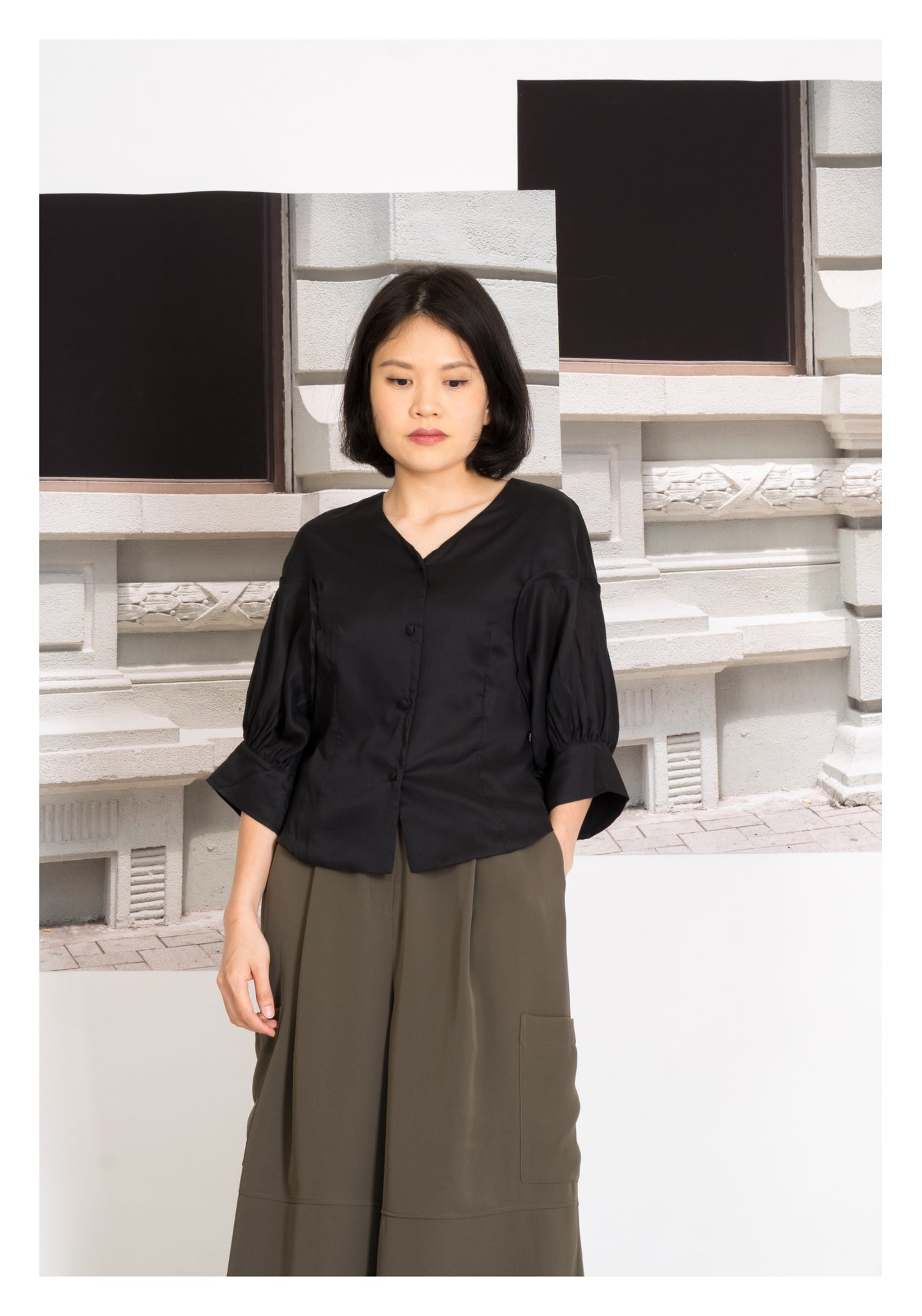 Two Ways Puff Sleeve Button Blouse Black - whoami