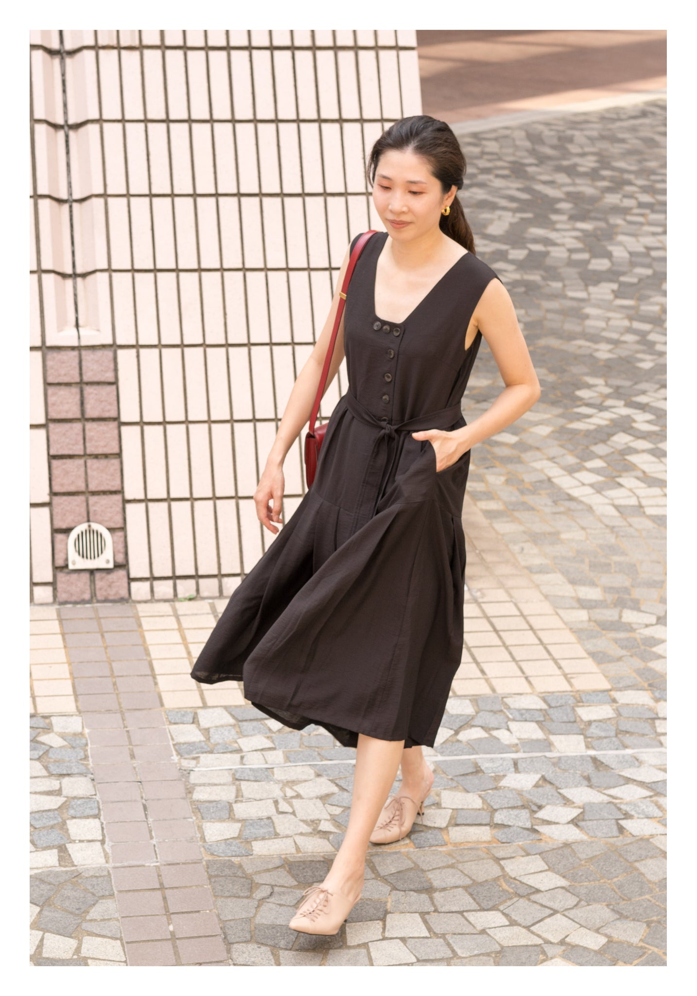 Two Ways Square Neck Button Dress Black - whoami