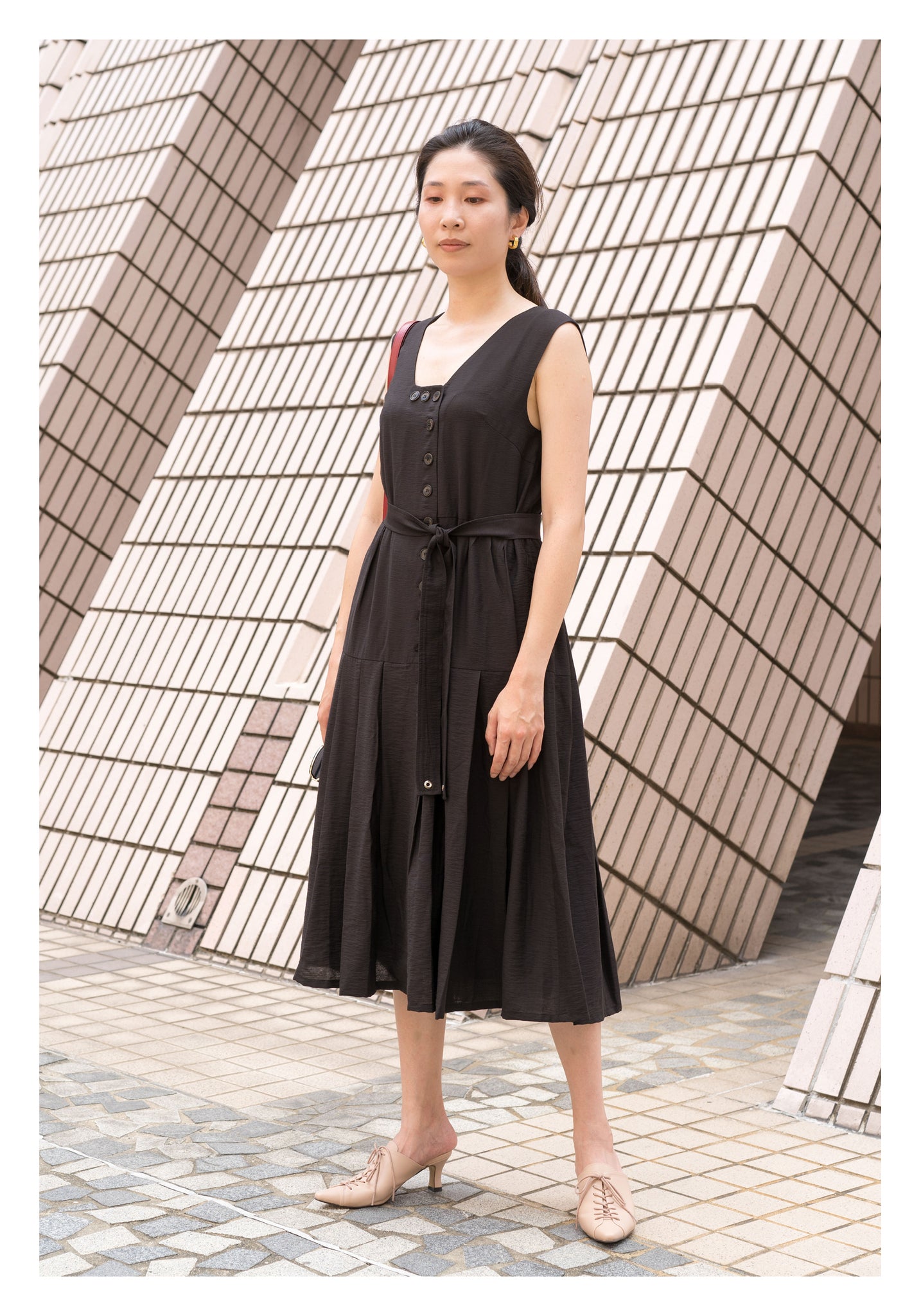 Two Ways Square Neck Button Dress Black - whoami