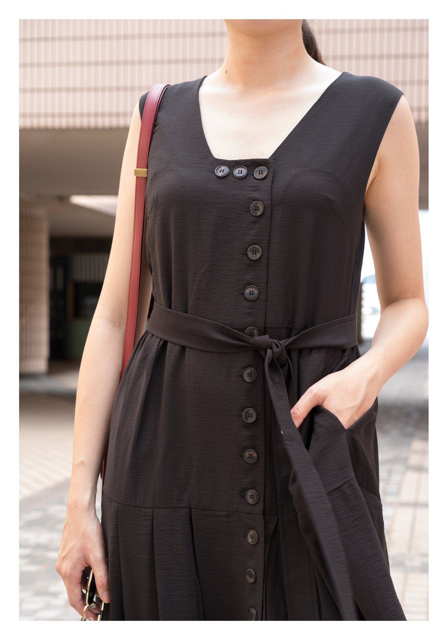 Two Ways Square Neck Button Dress Black - whoami