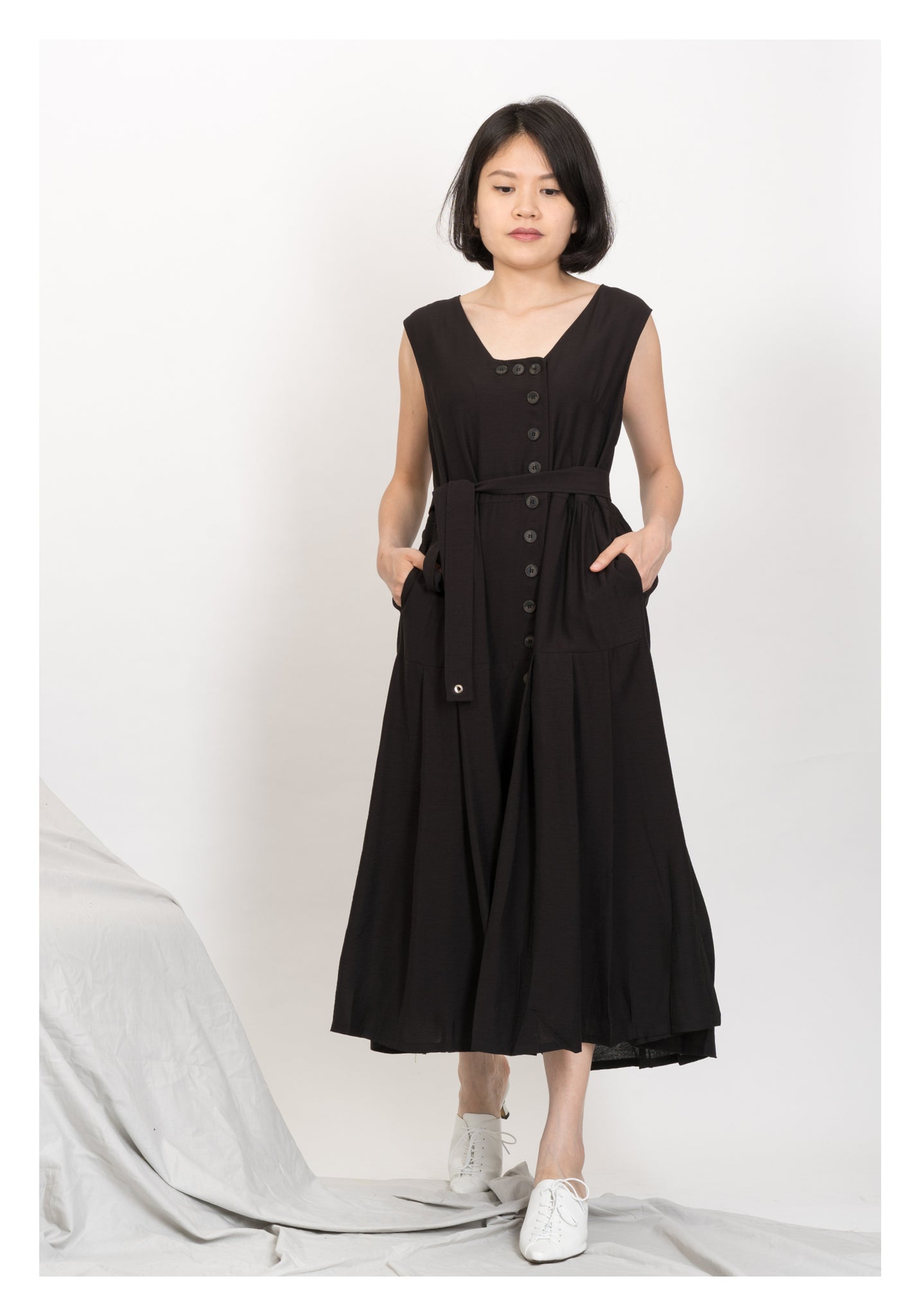 Two Ways Square Neck Button Dress Black - whoami