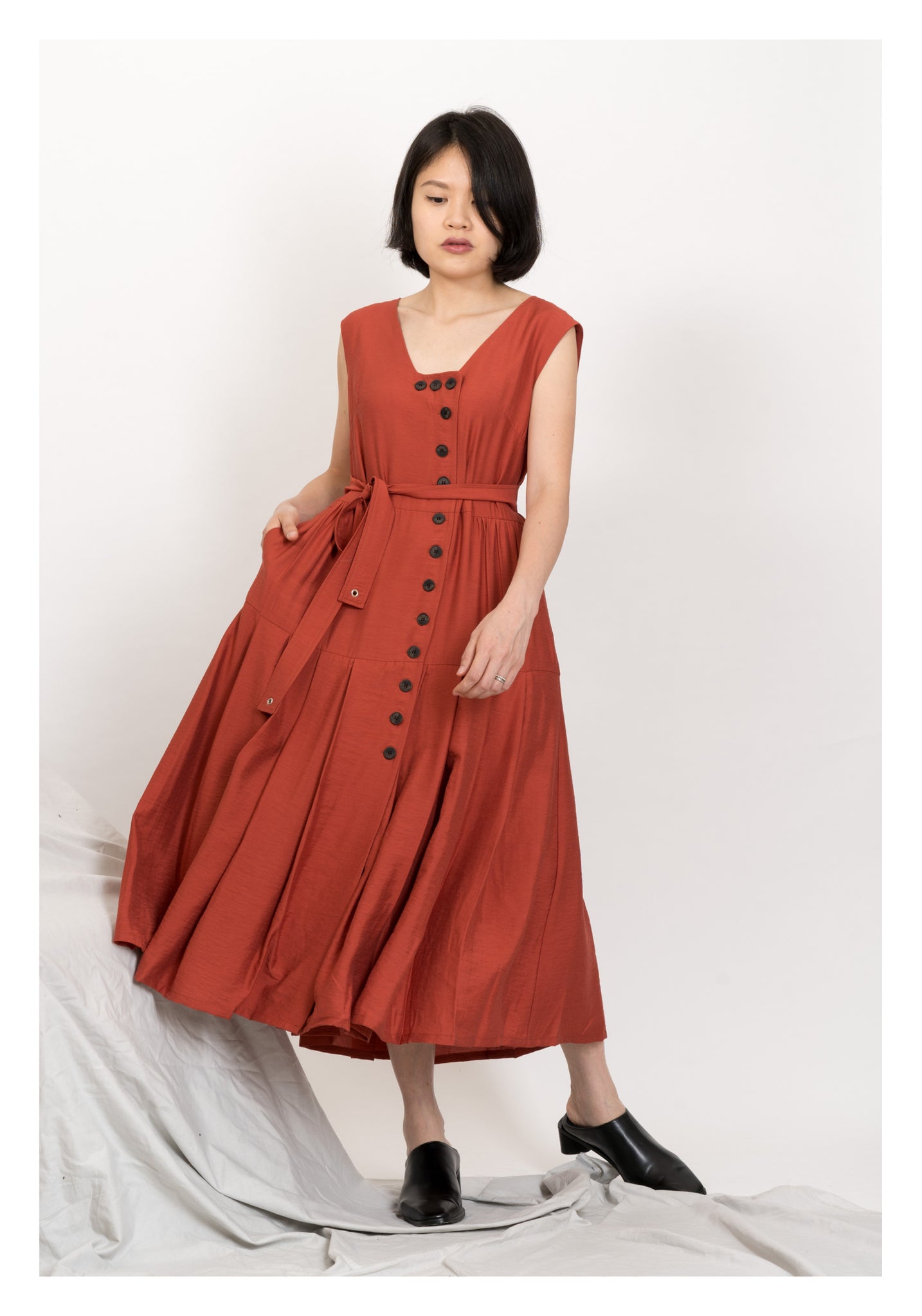 Two Ways Square Neck Button Dress Brick - whoami