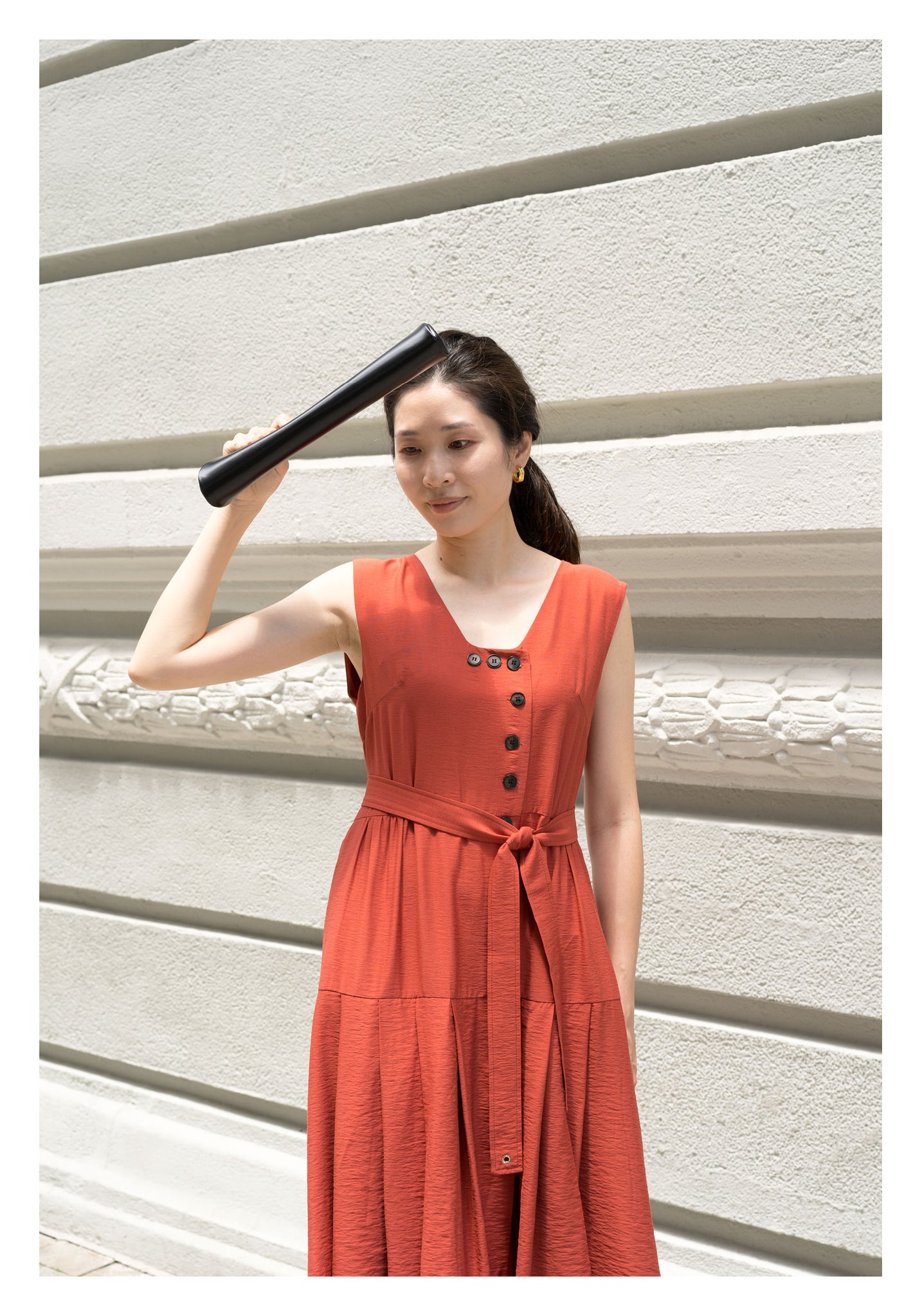 Two Ways Square Neck Button Dress Brick - whoami