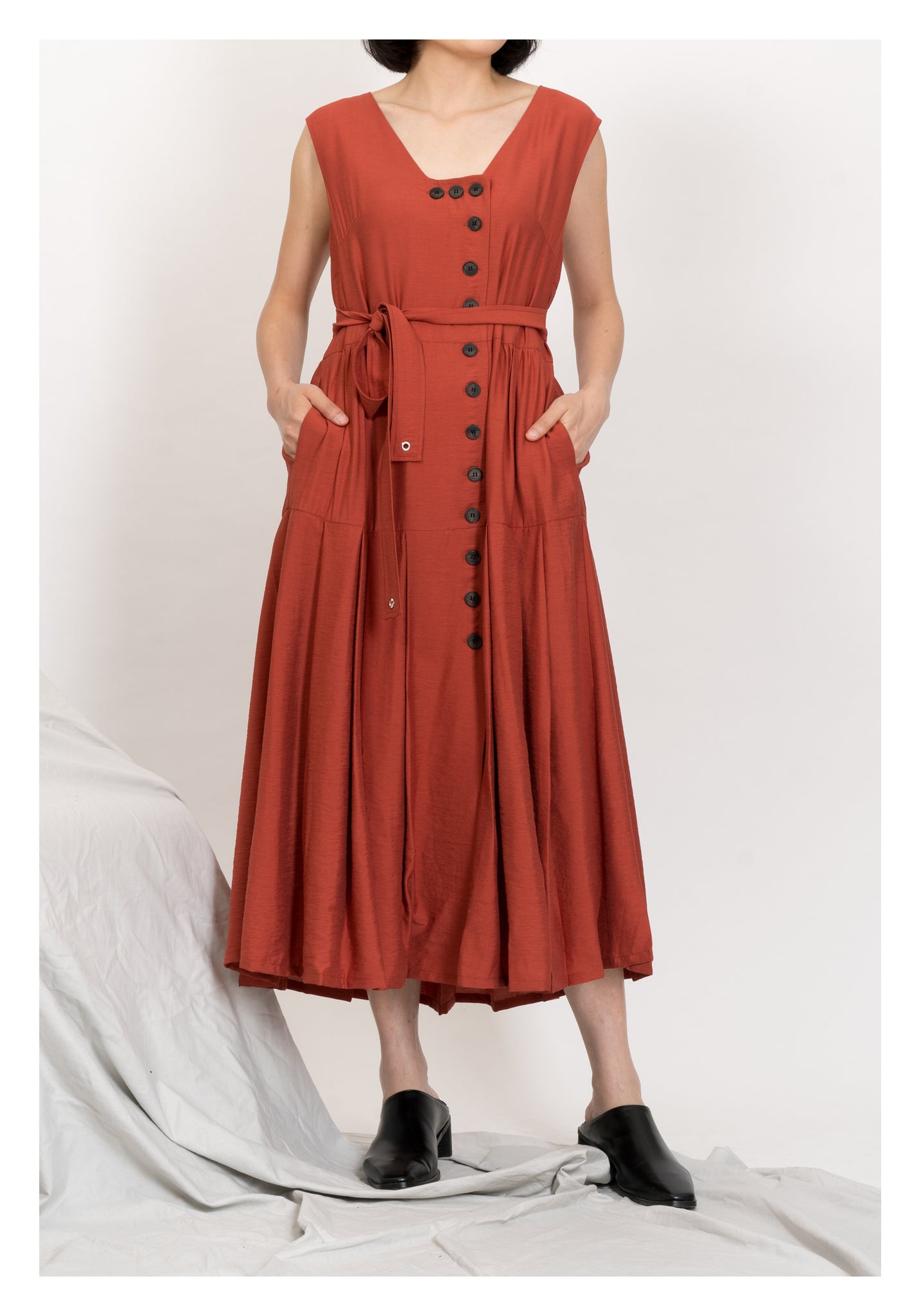 Two Ways Square Neck Button Dress Brick - whoami