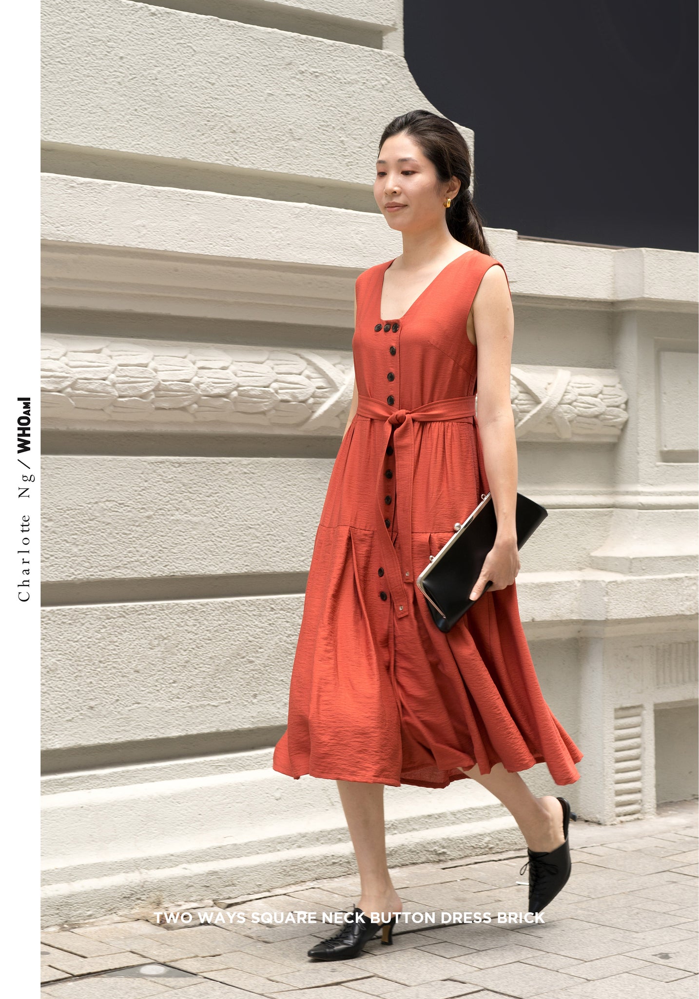 Two Ways Square Neck Button Dress Brick - whoami