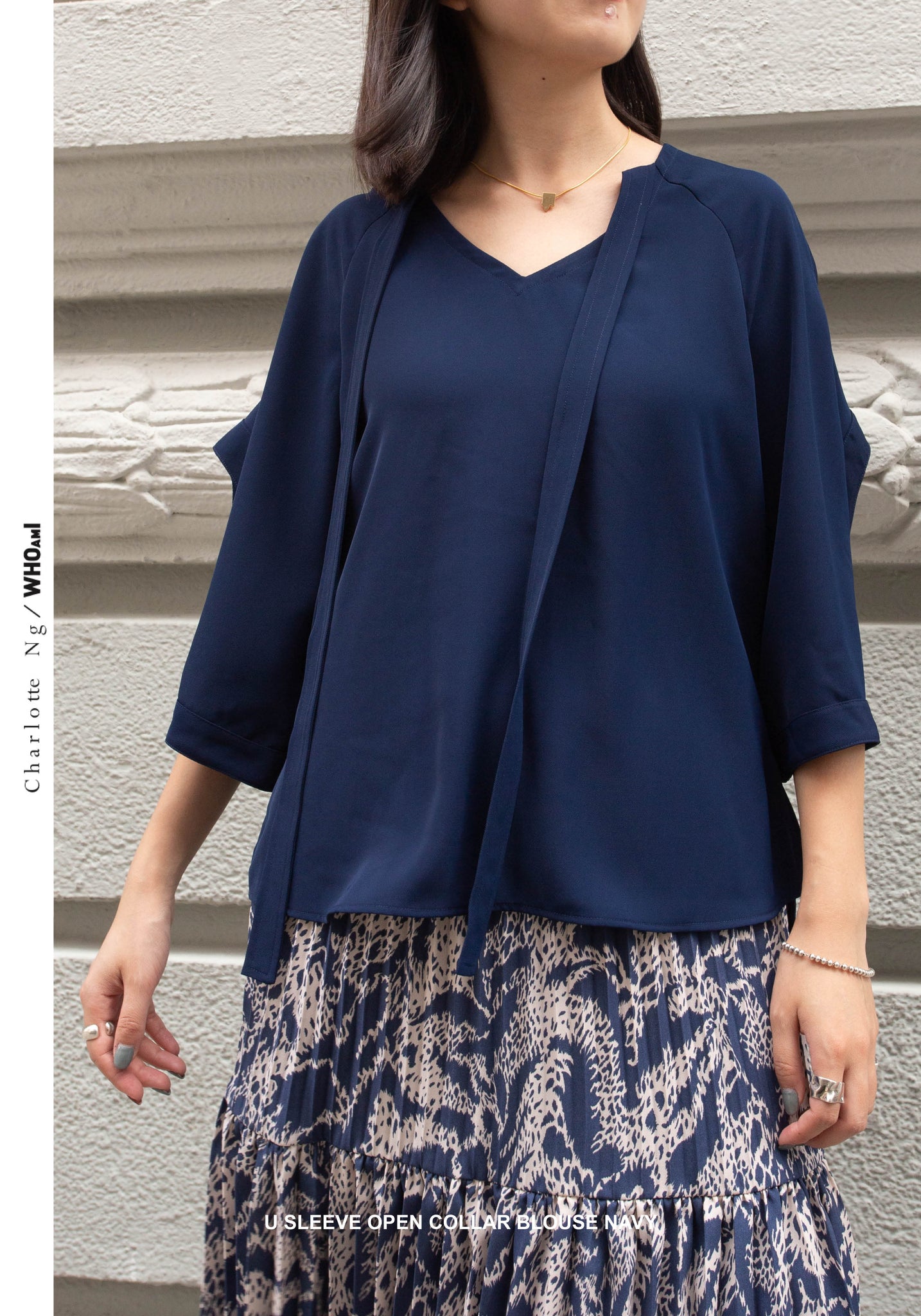 U Sleeve Open Collar Blouse Navy - whoami