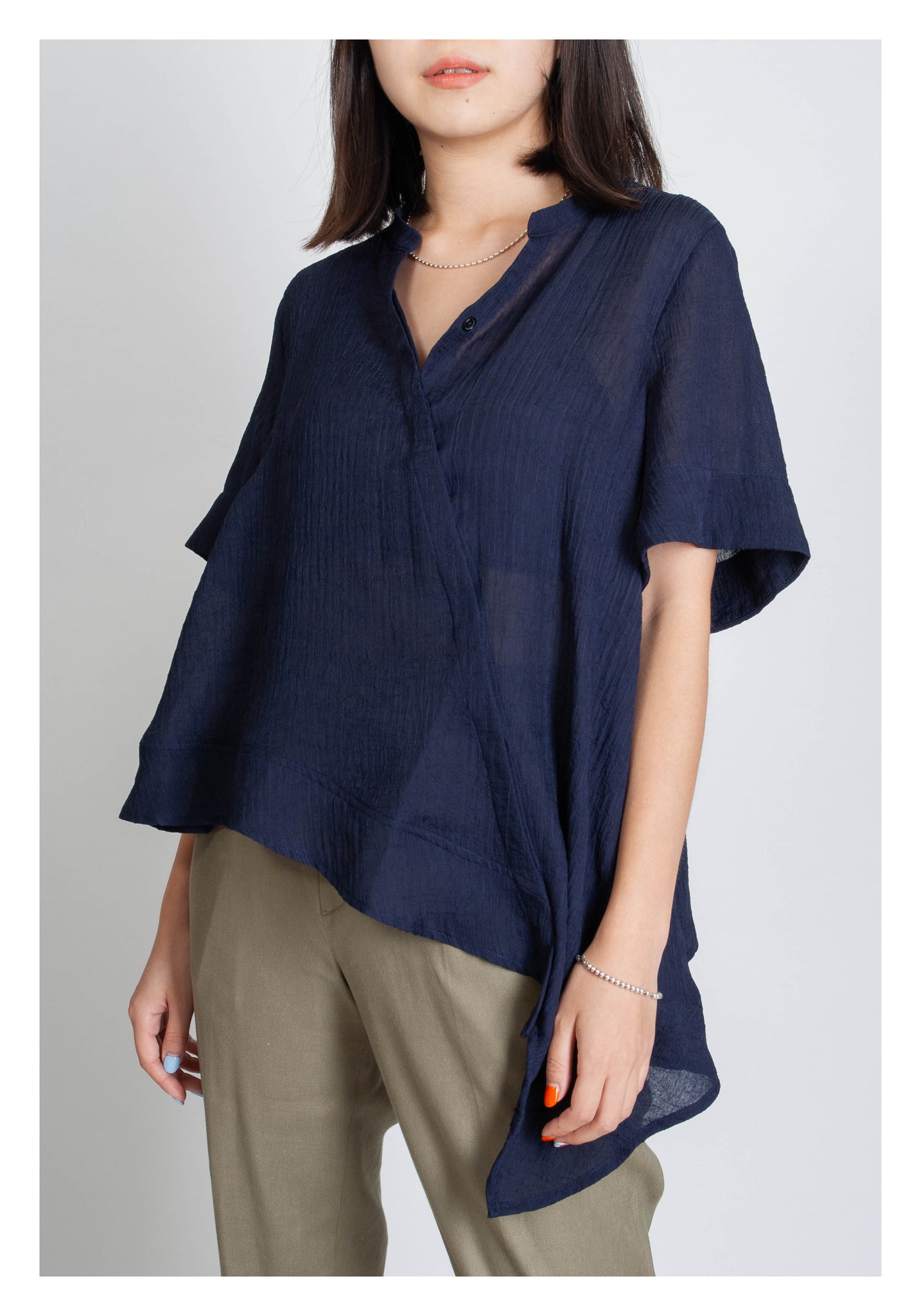 V Neck Side Drape Button Top Navy - whoami