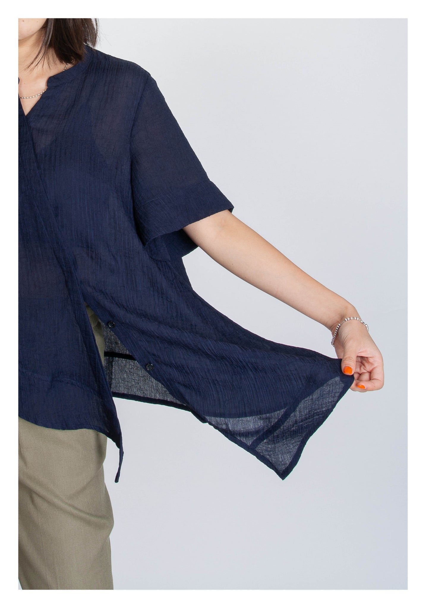 V Neck Side Drape Button Top Navy - whoami