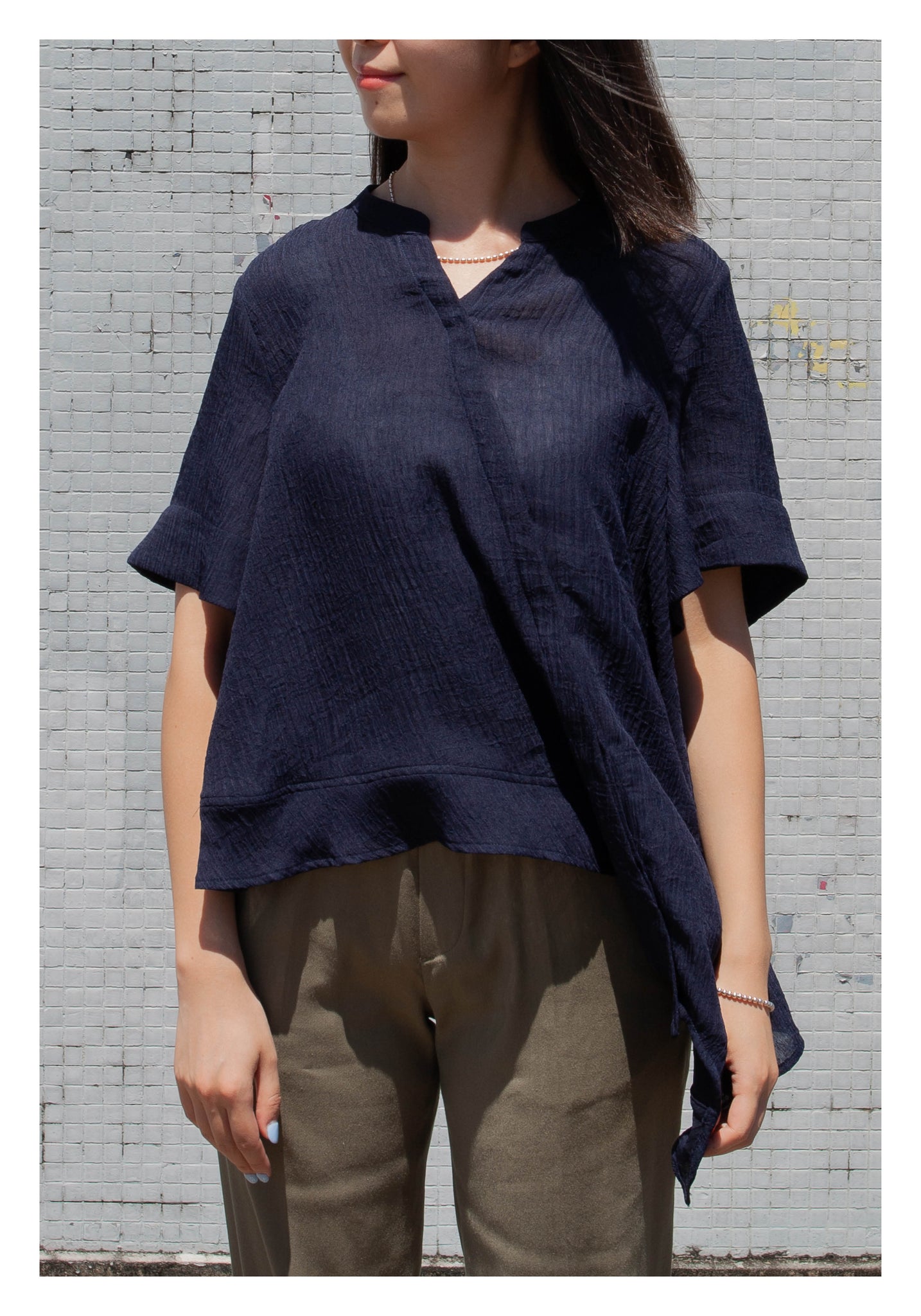 V Neck Side Drape Button Top Navy - whoami