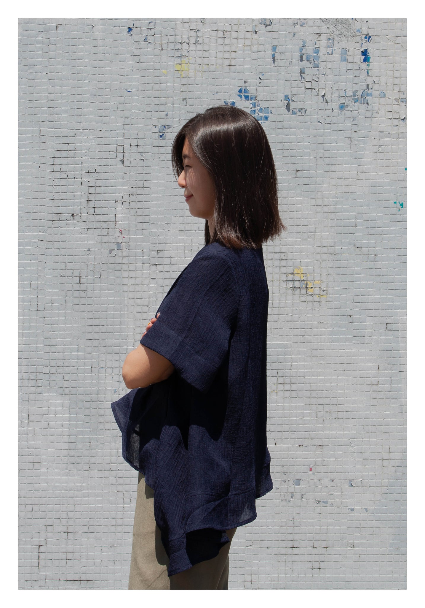 V Neck Side Drape Button Top Navy - whoami