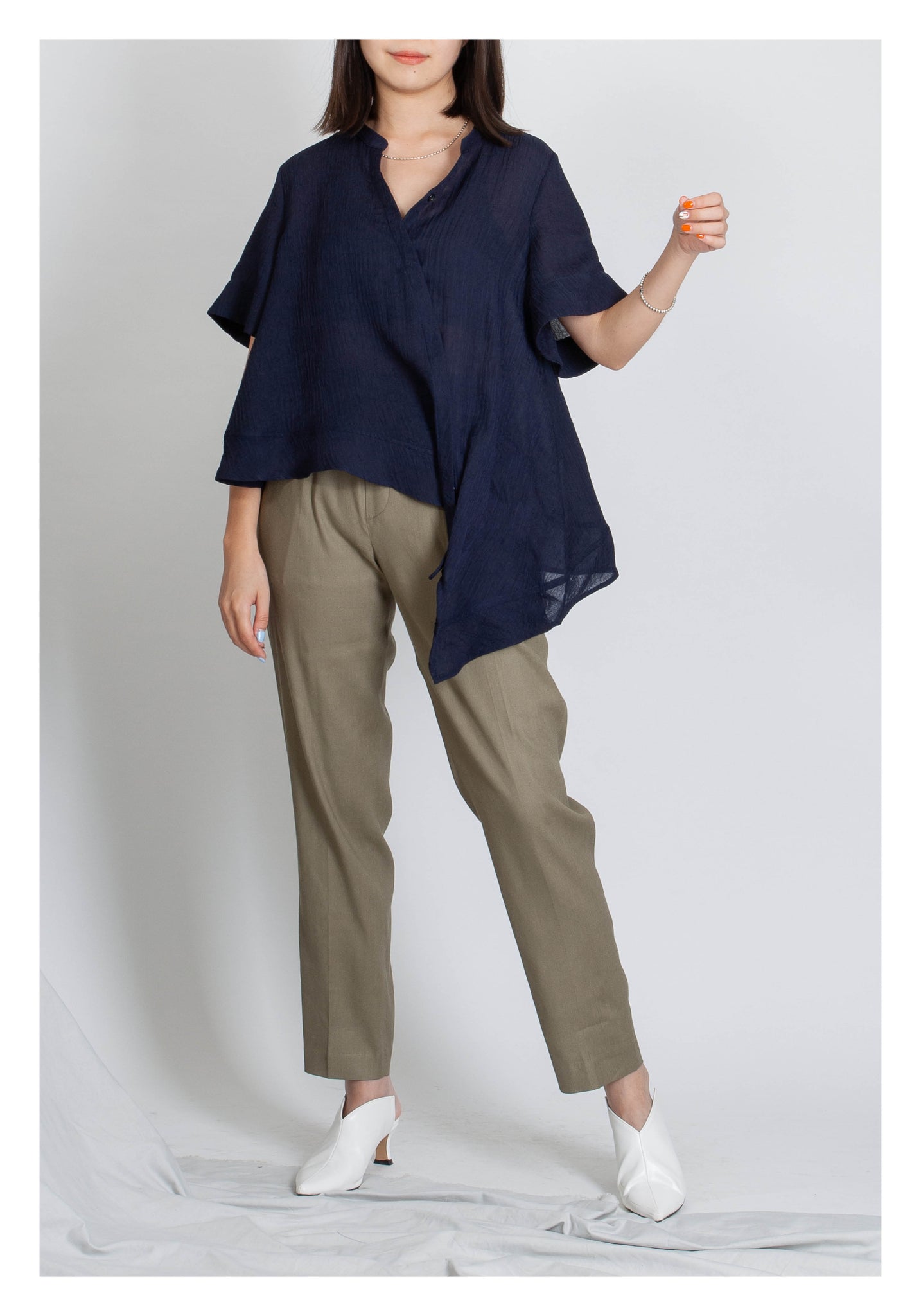 V Neck Side Drape Button Top Navy - whoami