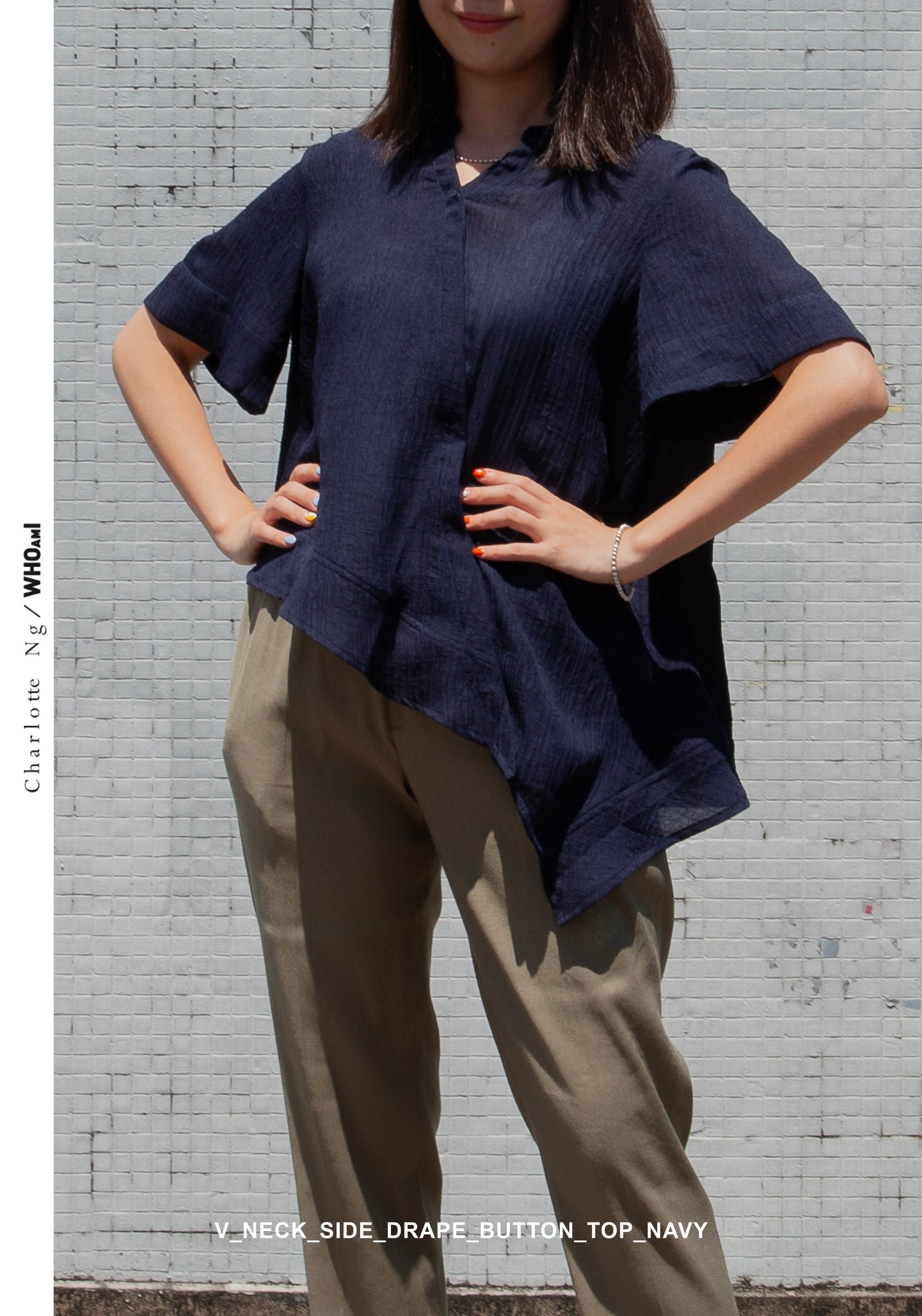 V Neck Side Drape Button Top Navy - whoami