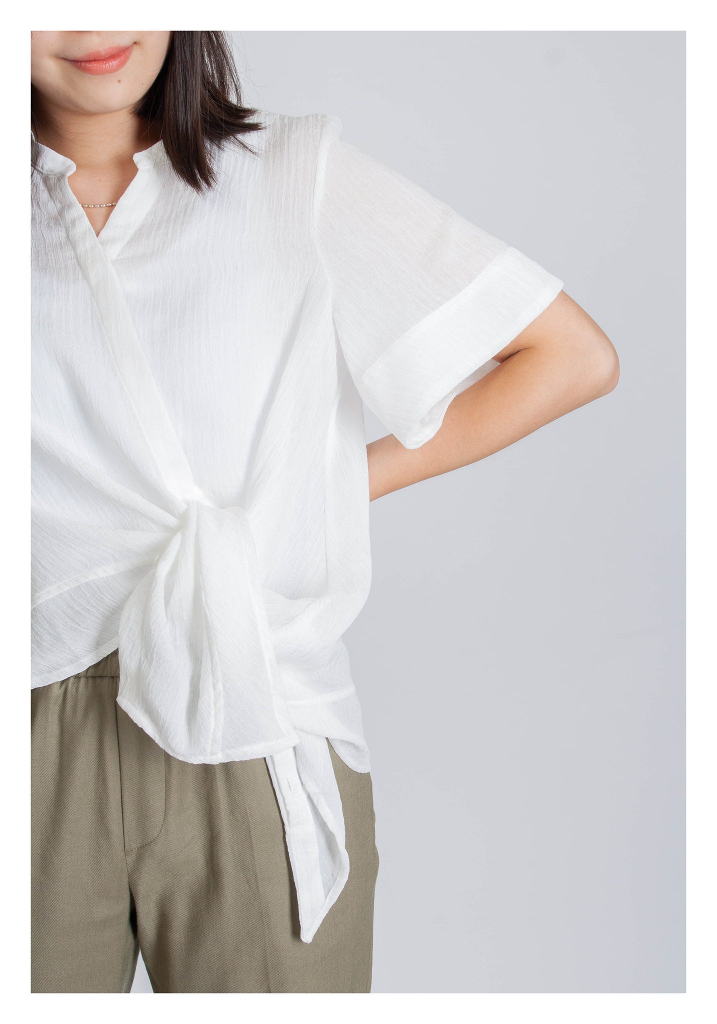 V Neck Side Drape Button Top White - whoami