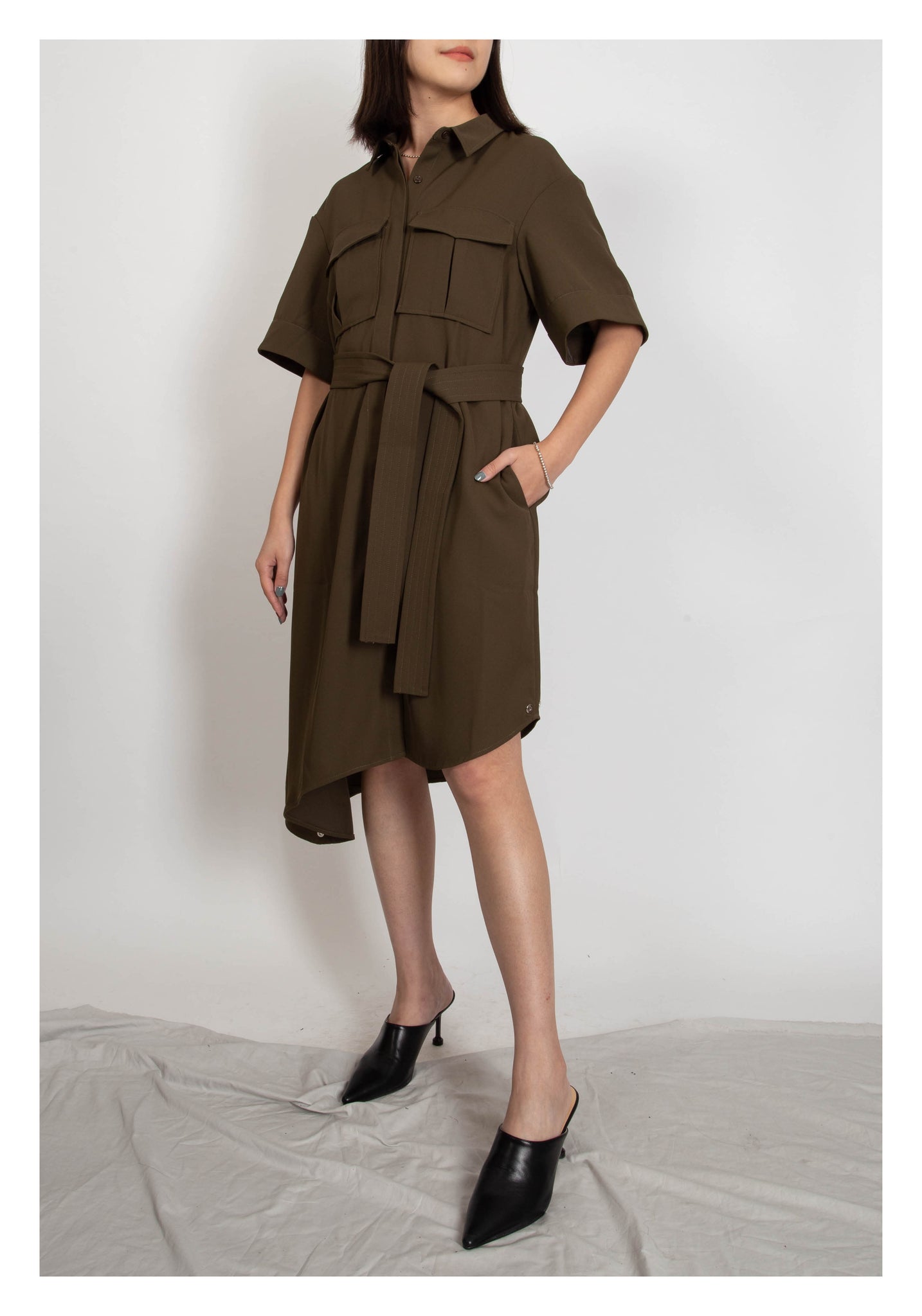 Safari Asymmetrical Hem Dress Military Green - whoami