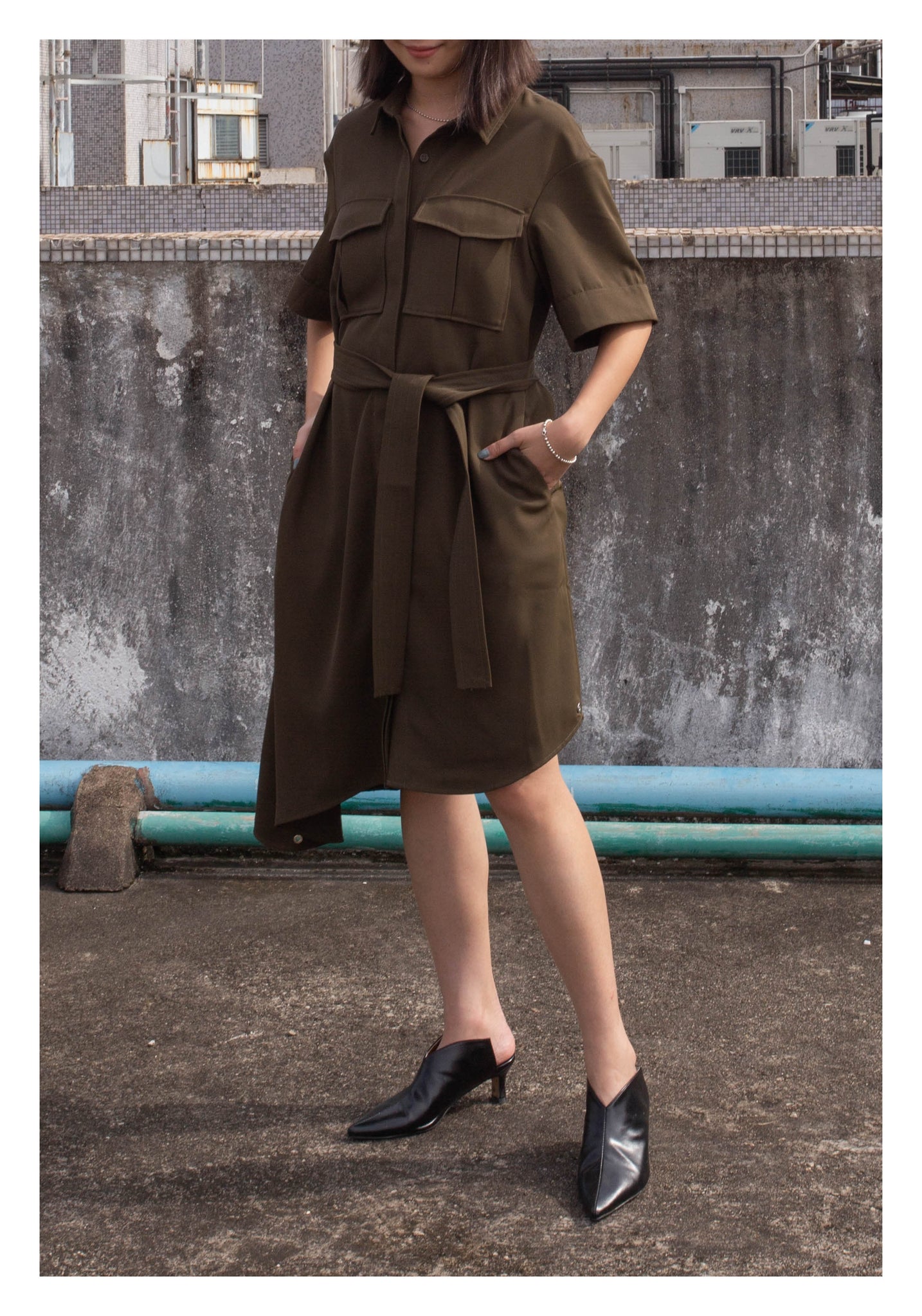 Safari Asymmetrical Hem Dress Military Green - whoami