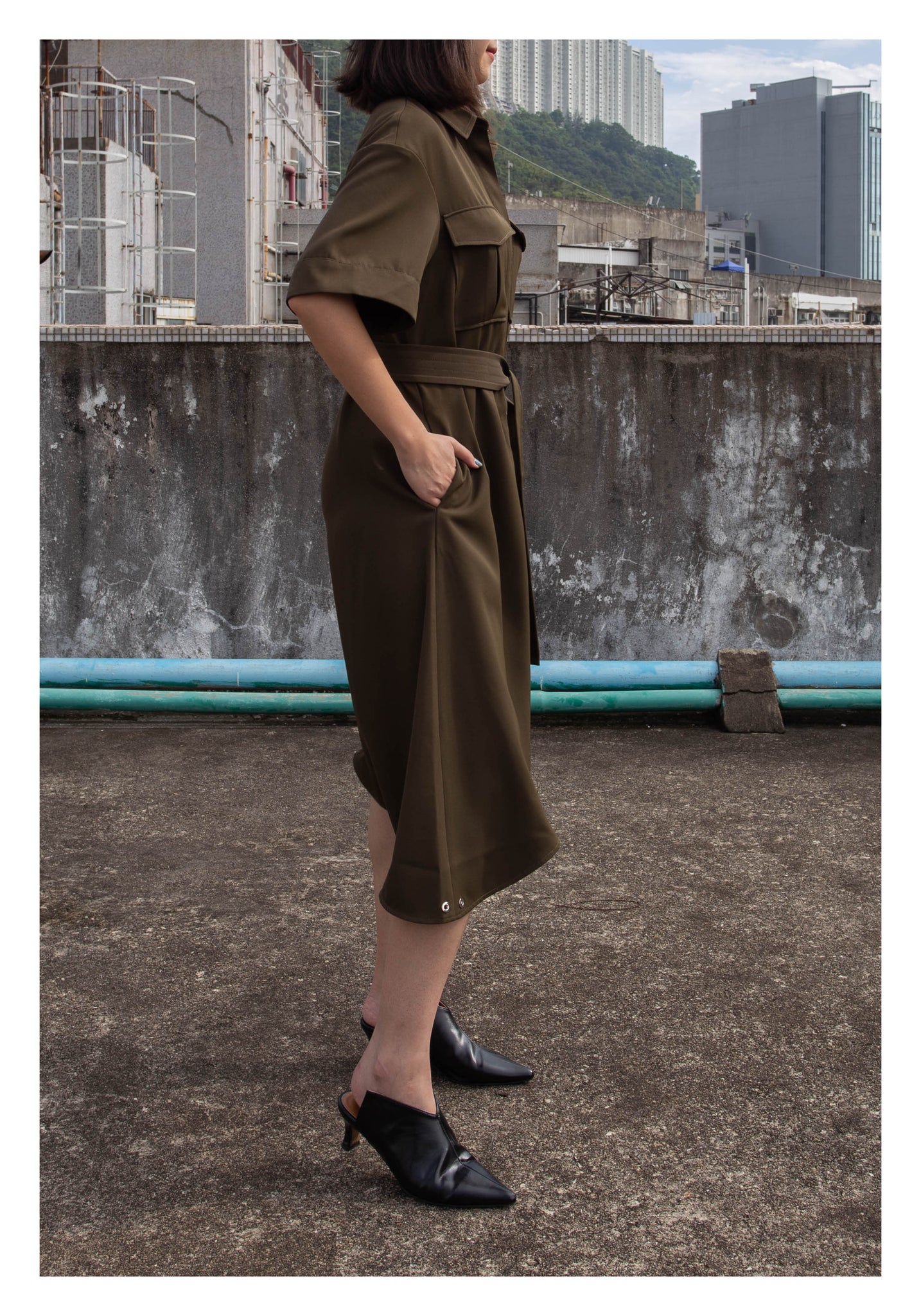 Safari Asymmetrical Hem Dress Military Green - whoami