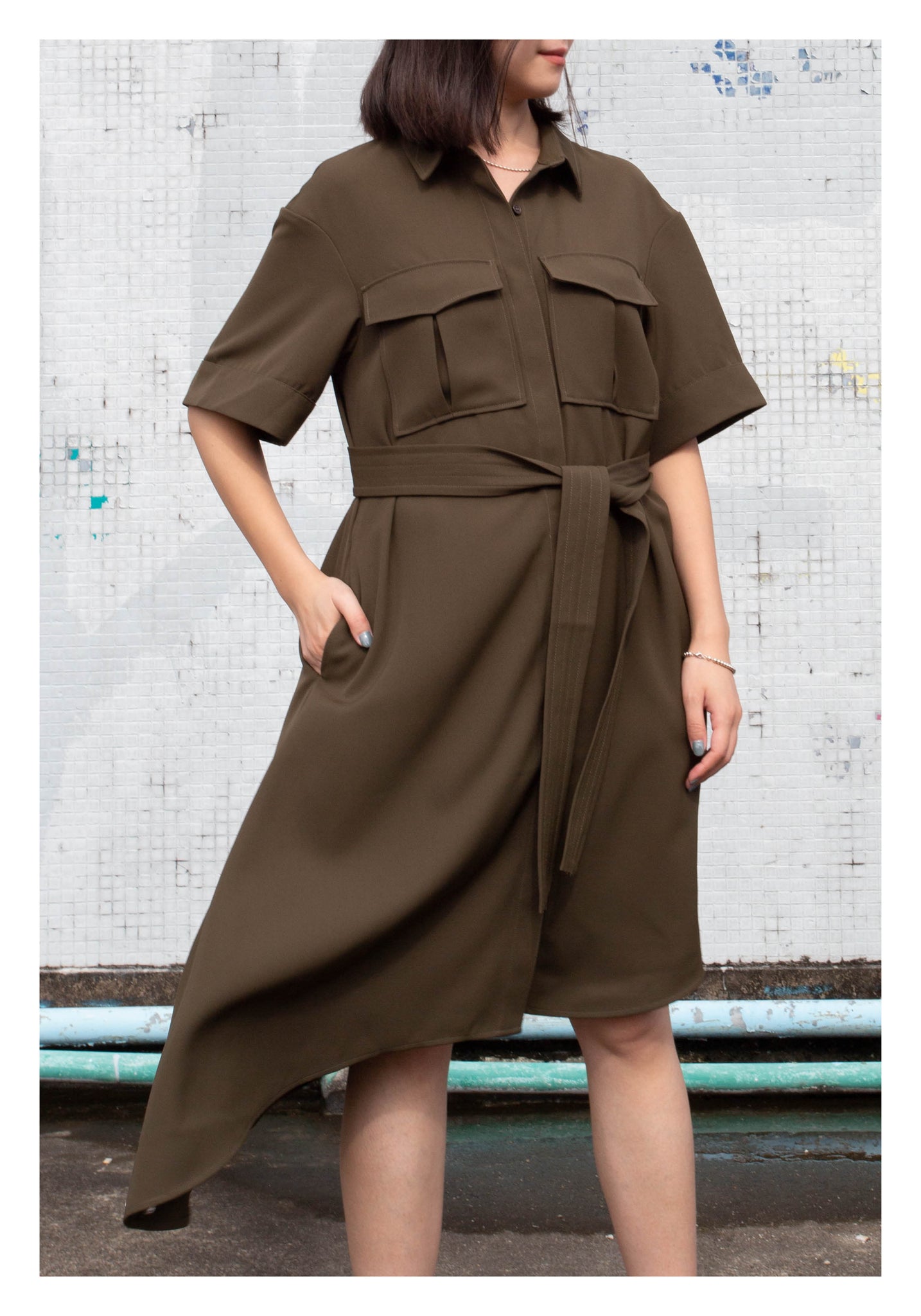 Safari Asymmetrical Hem Dress Military Green - whoami