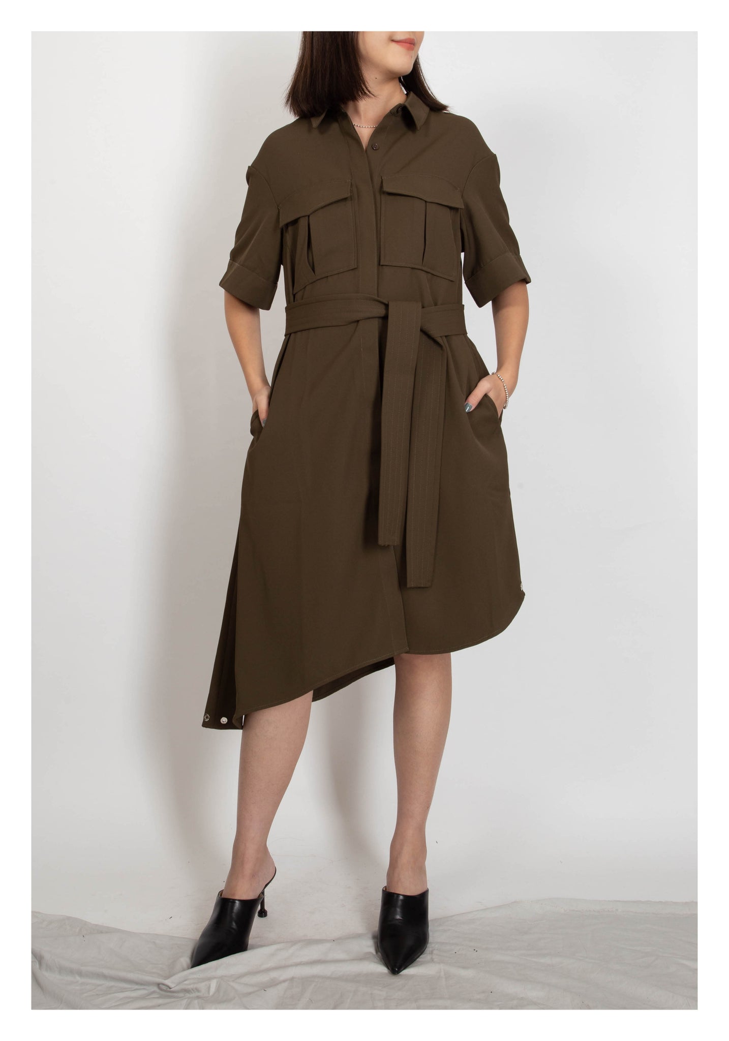 Safari Asymmetrical Hem Dress Military Green - whoami