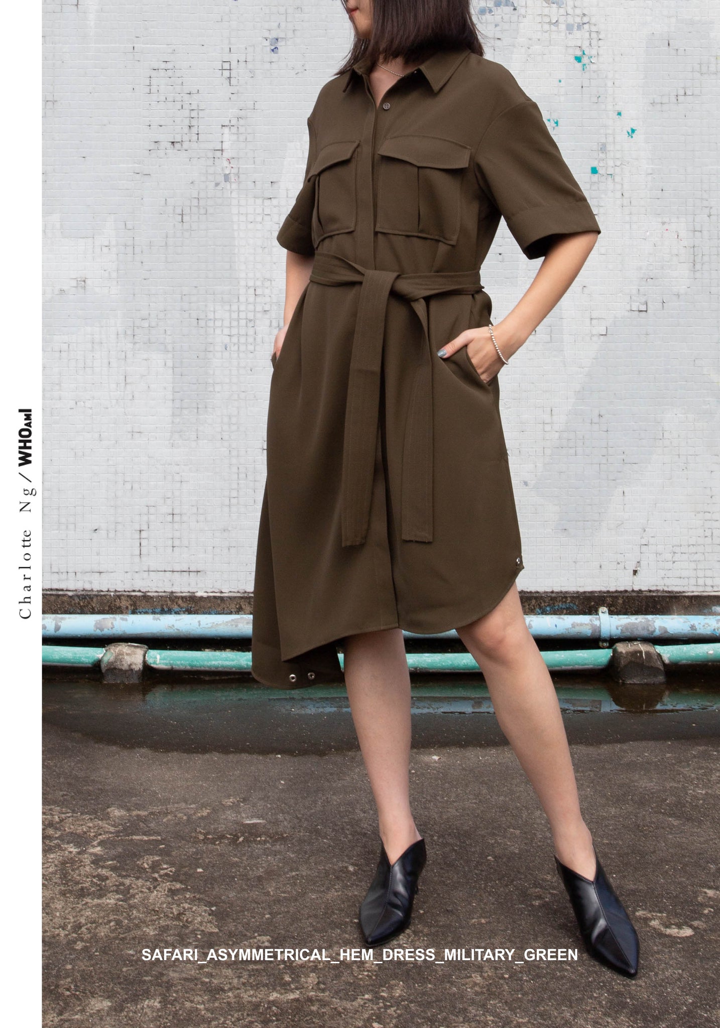 Safari Asymmetrical Hem Dress Military Green - whoami