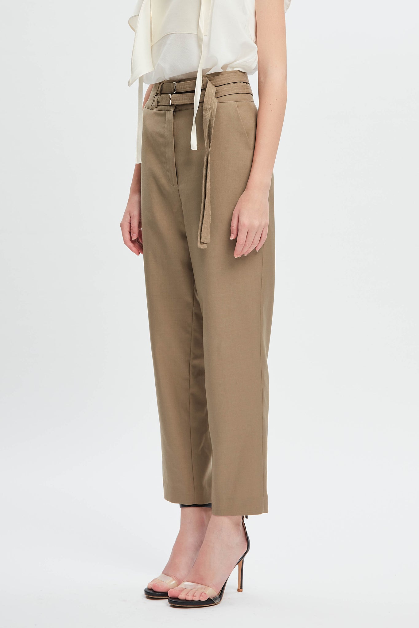 Feminine Double Belted Pants Beige