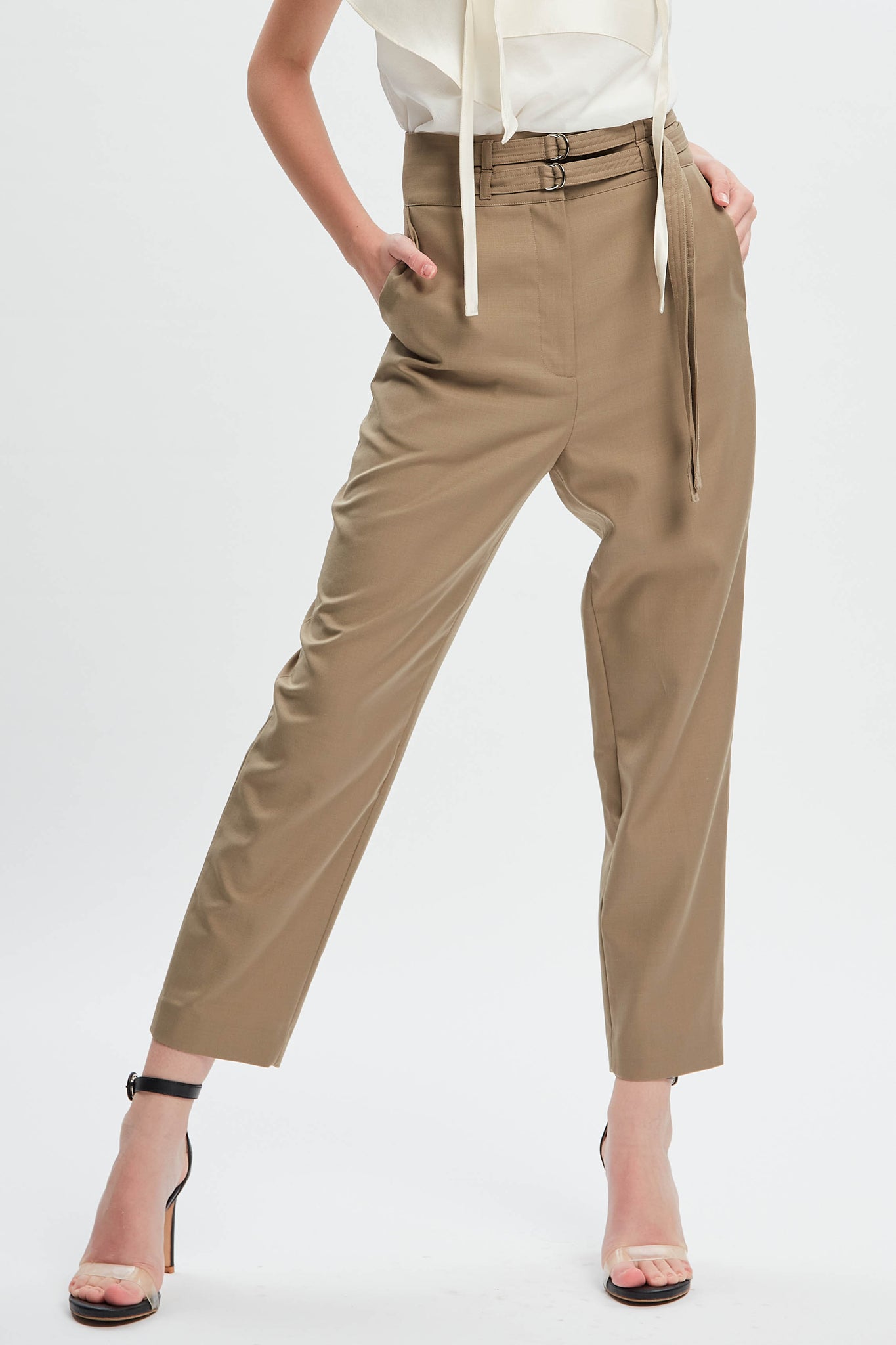 Feminine Double Belted Pants Beige