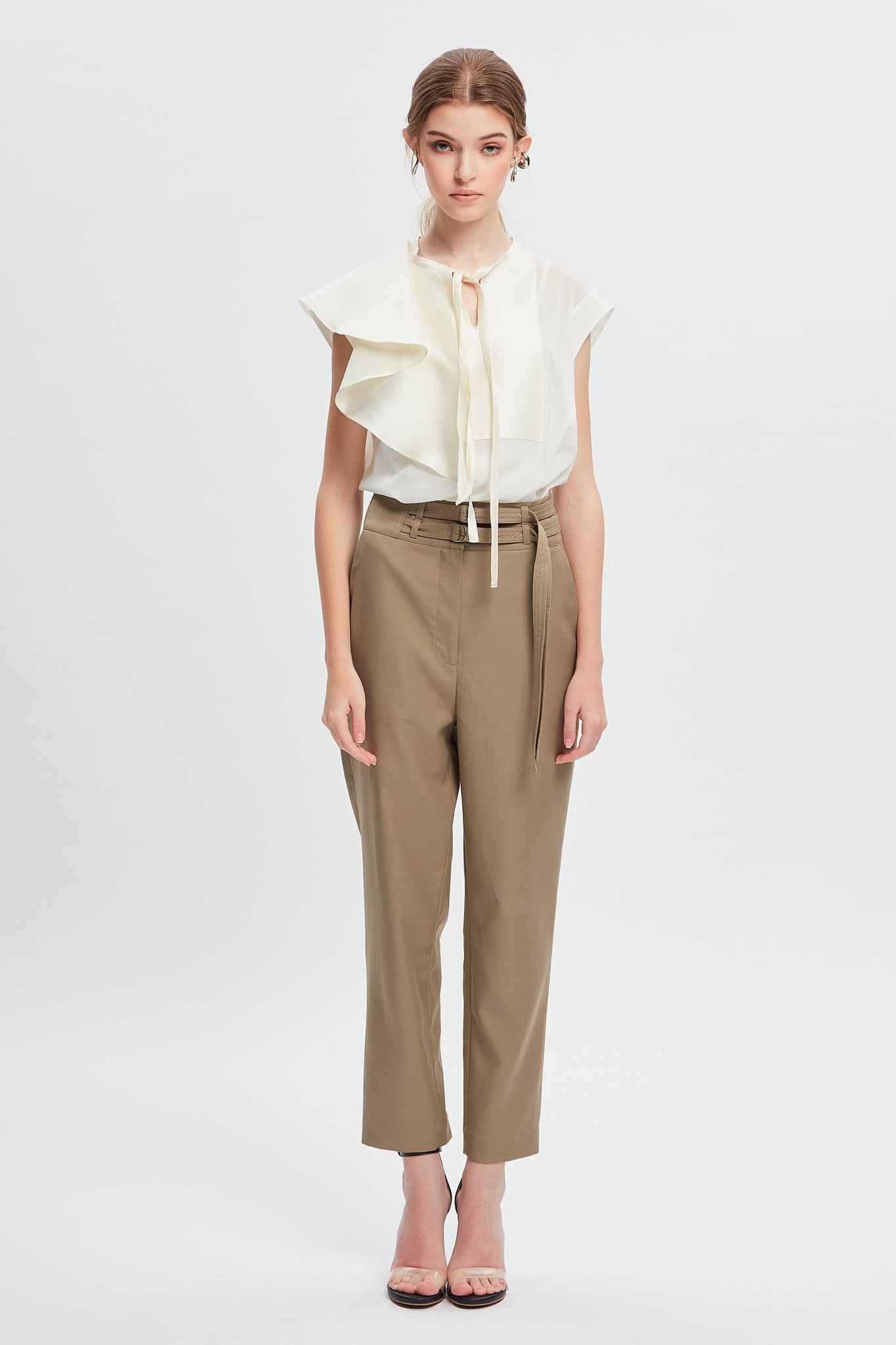 Feminine Double Belted Pants Beige