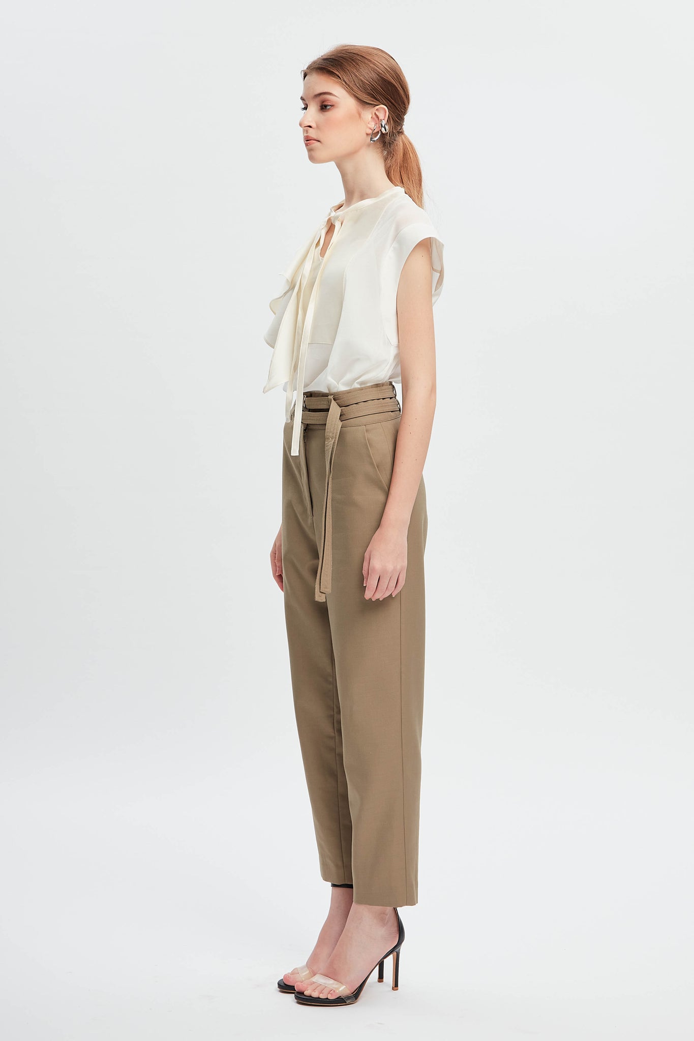 Feminine Double Belted Pants Beige