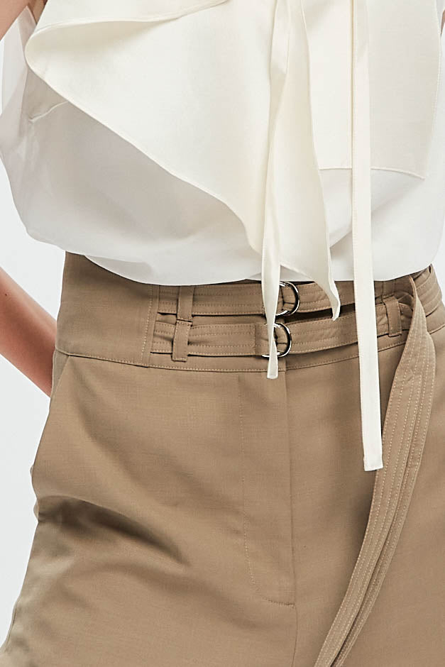 Feminine Double Belted Pants Beige