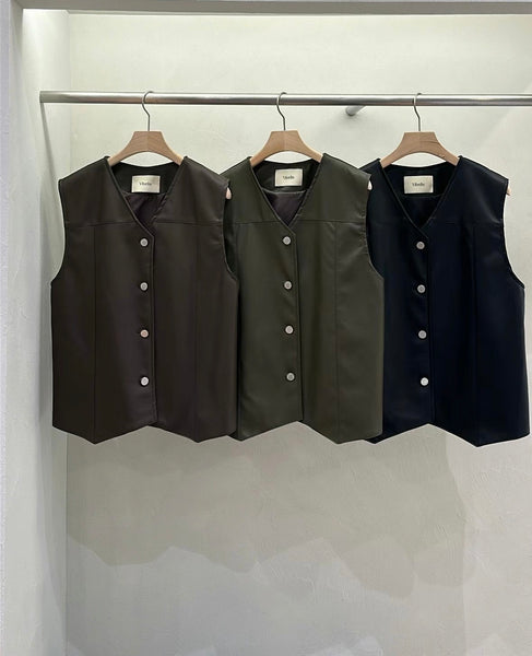 Faux Leather Button Vest