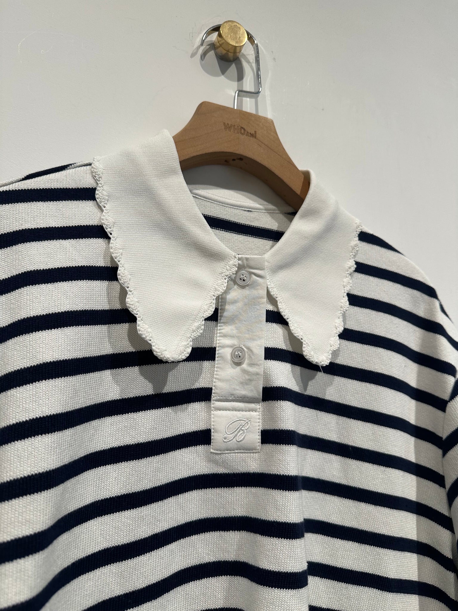 Polo Stripe Knit Top With Delicate Collar