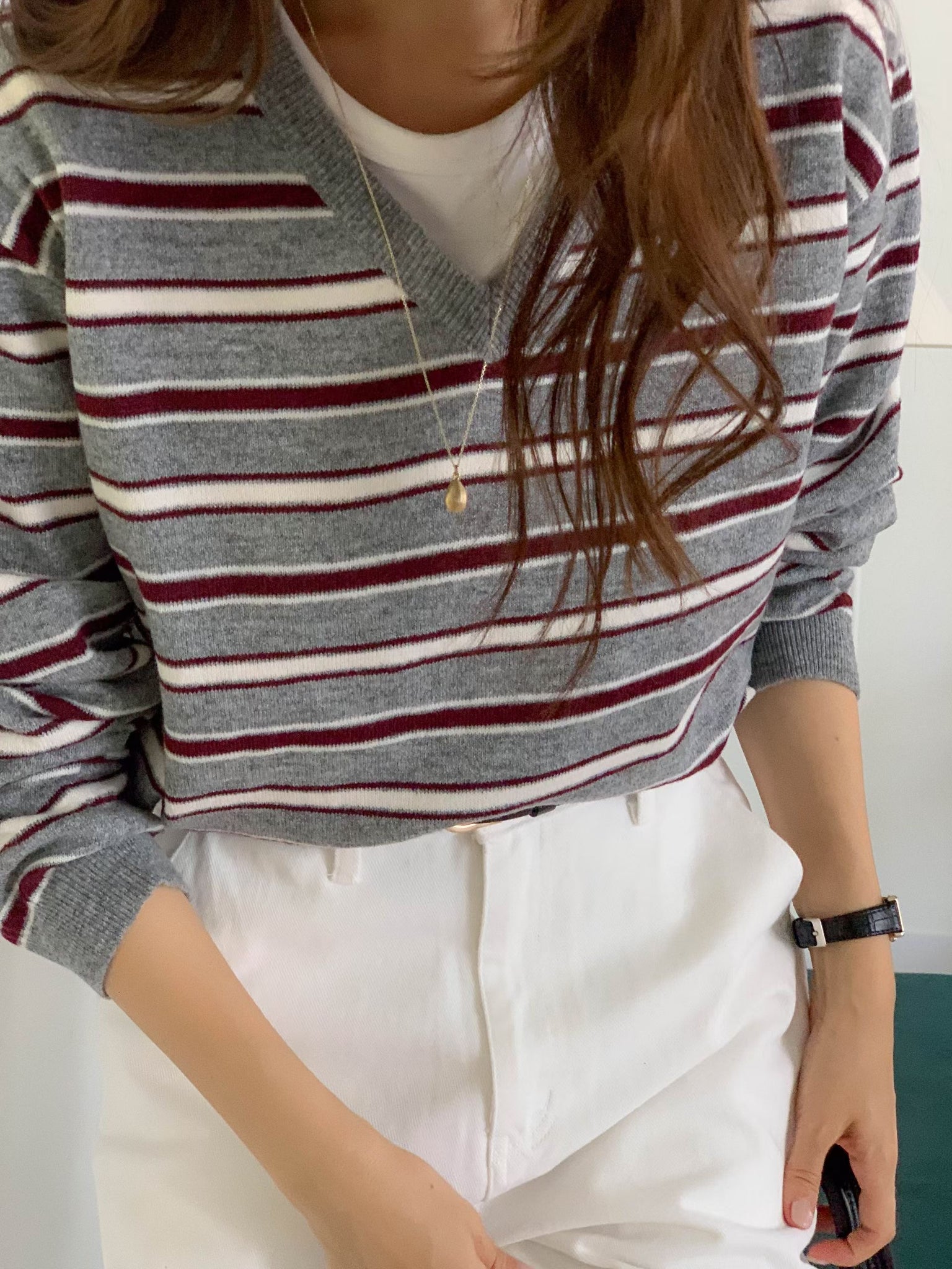 Nice Colour Mix V Neck Stripe Knit Pullover