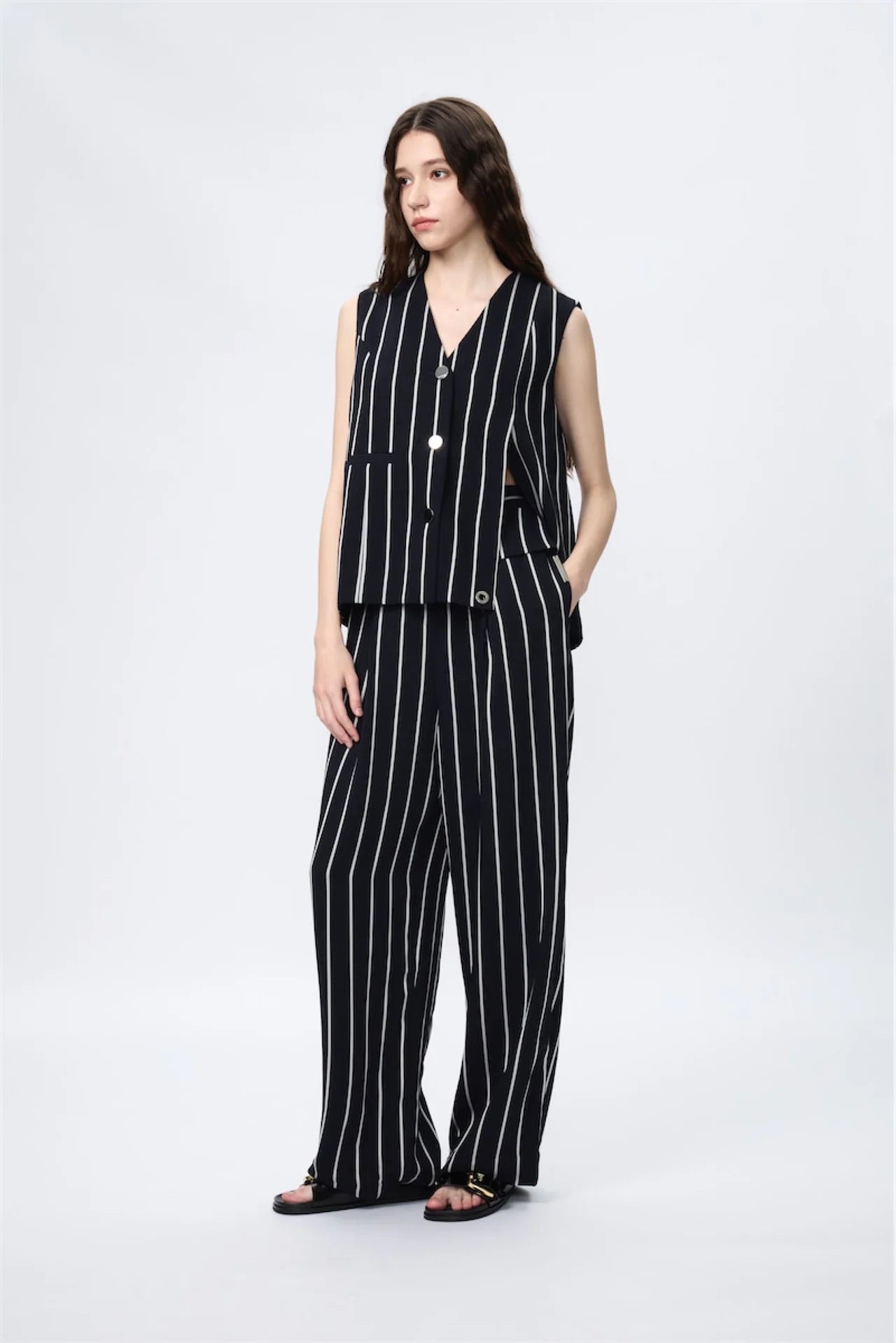 Elastic Wide-Leg Layers Trousers (Stripe)