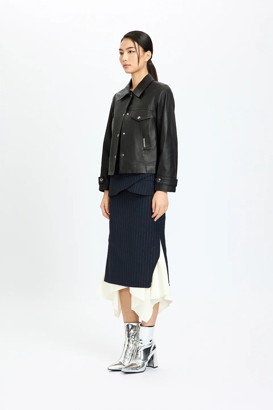 Leather Short Pleated Flare Jacket