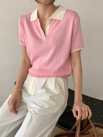 Two Tone Colour Polo Knit Top