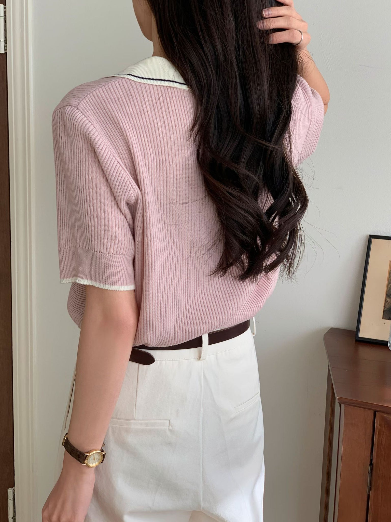 Spring Colour Open Collar Knit Top