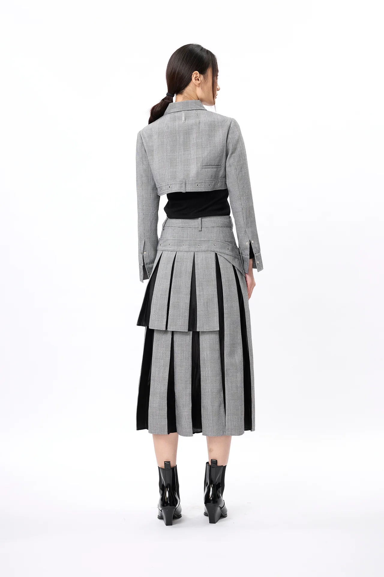 Asymmetric 2-Layers Plaid Pleated Skirt