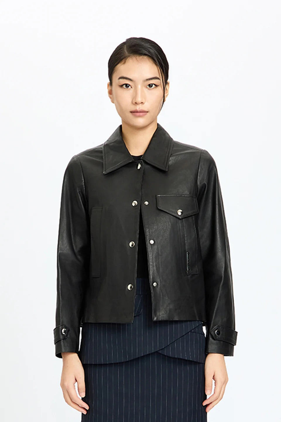 Leather Short Pleated Flare Jacket