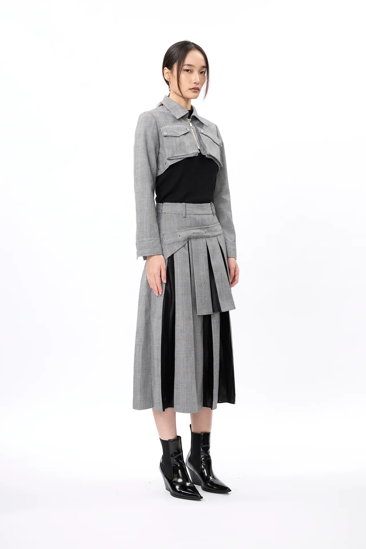 Asymmetric 2-Layers Plaid Pleated Skirt