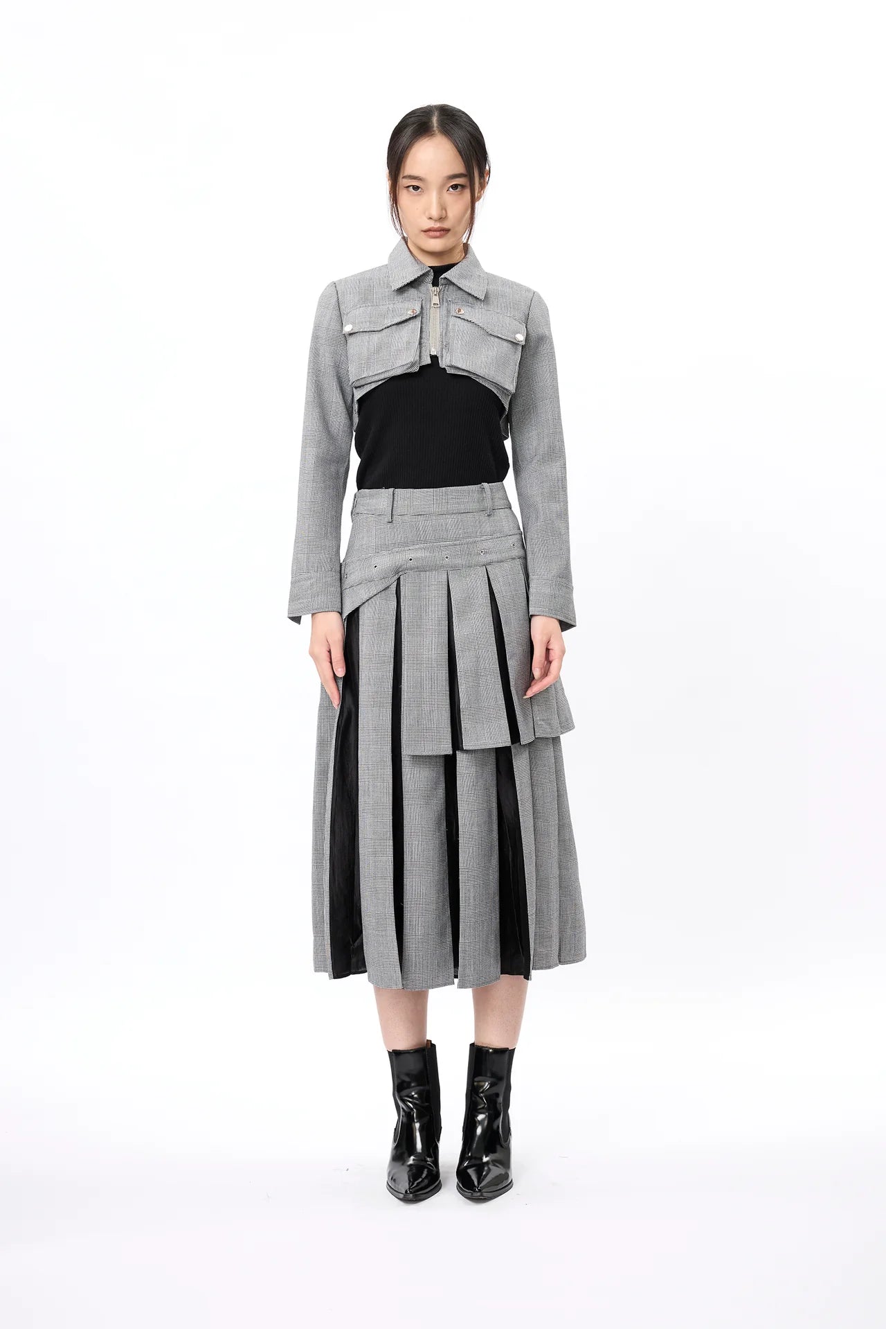 Asymmetric 2-Layers Plaid Pleated Skirt
