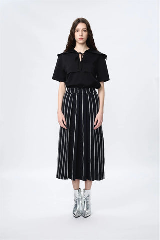 Eyelet Slits Block-Pleated Stripe Skirt