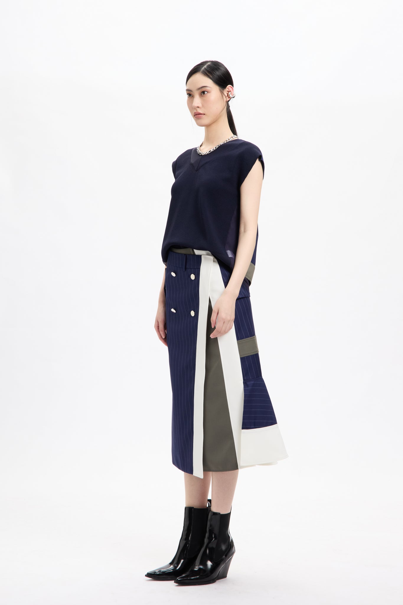 Combo Suiting Back Flare Skirt Navy