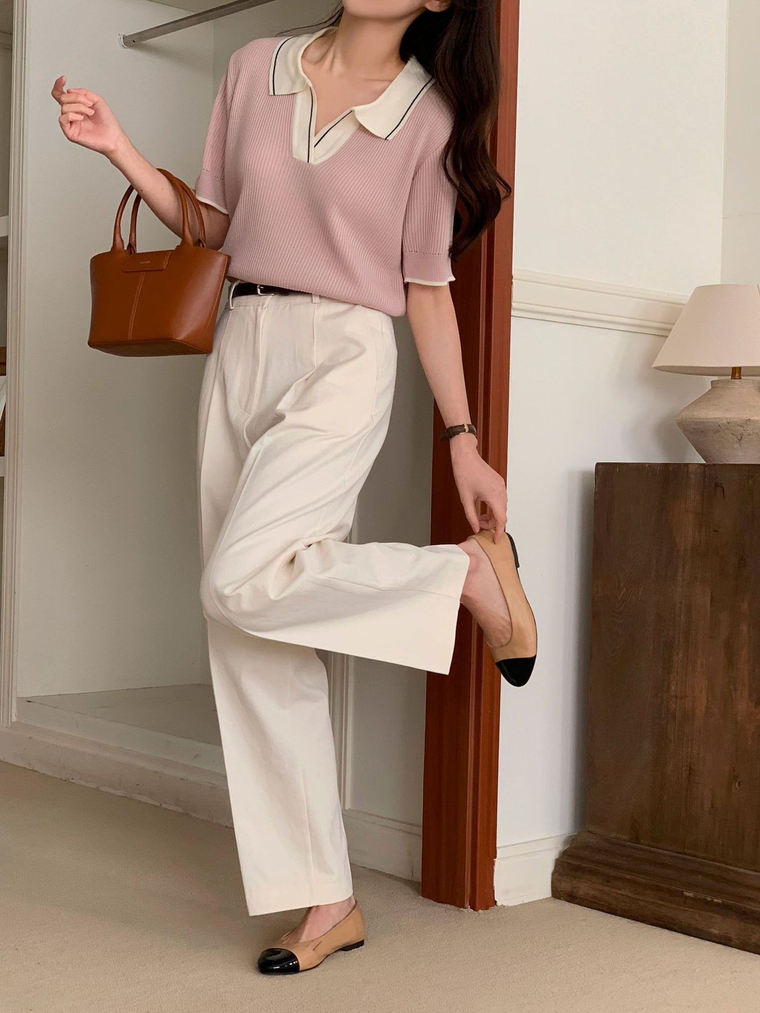 Spring Colour Open Collar Knit Top