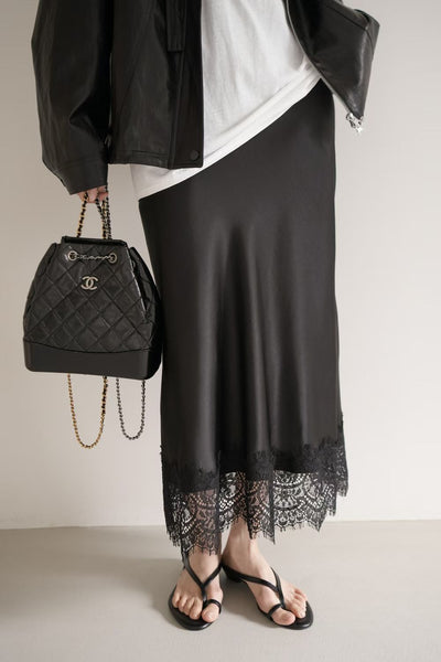 Trendy Lace Trim Satin Skirt