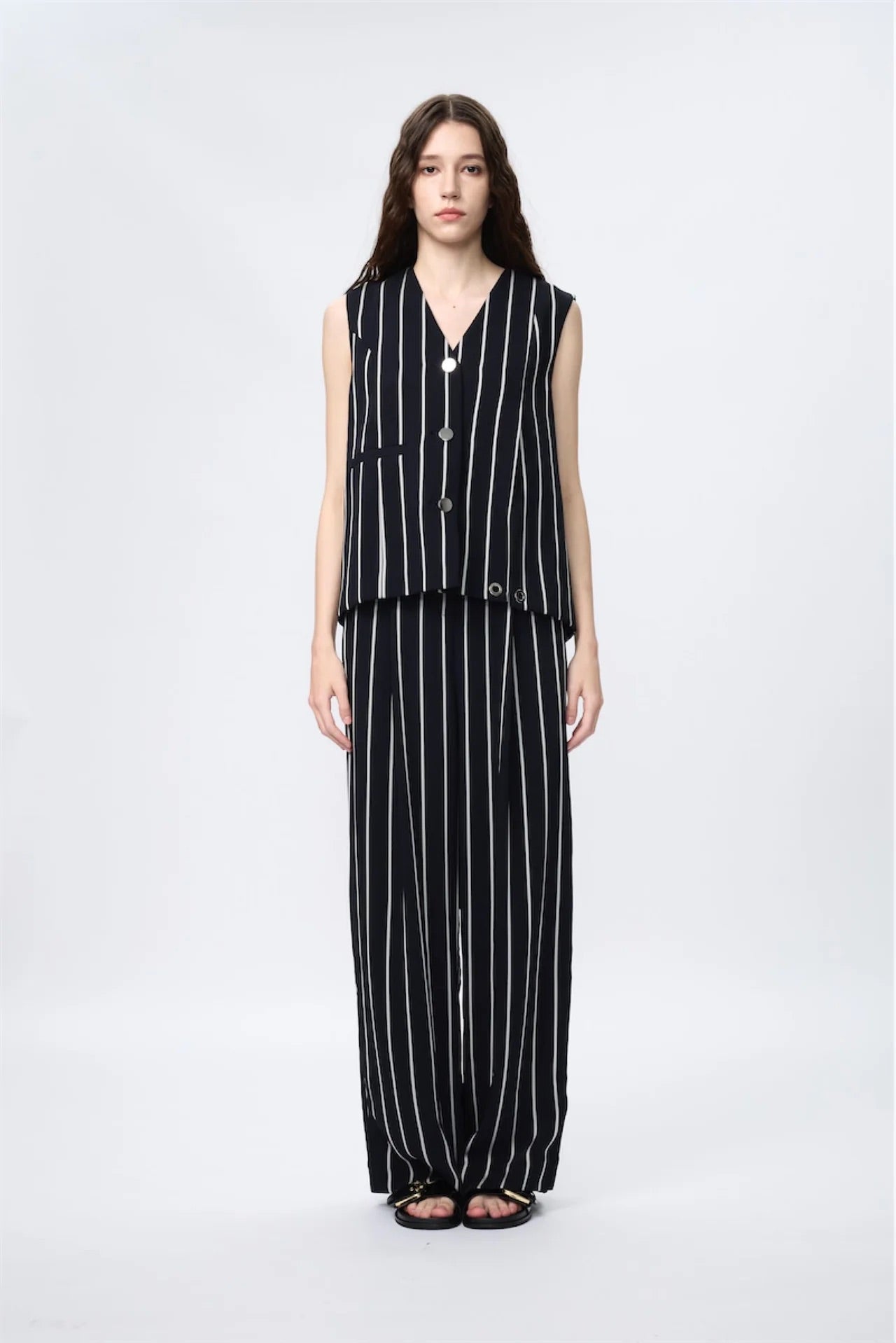 Elastic Wide-Leg Layers Trousers (Stripe)