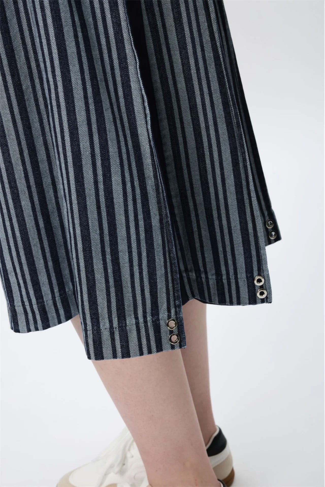 Block-Pleated Denim Flare Skirt