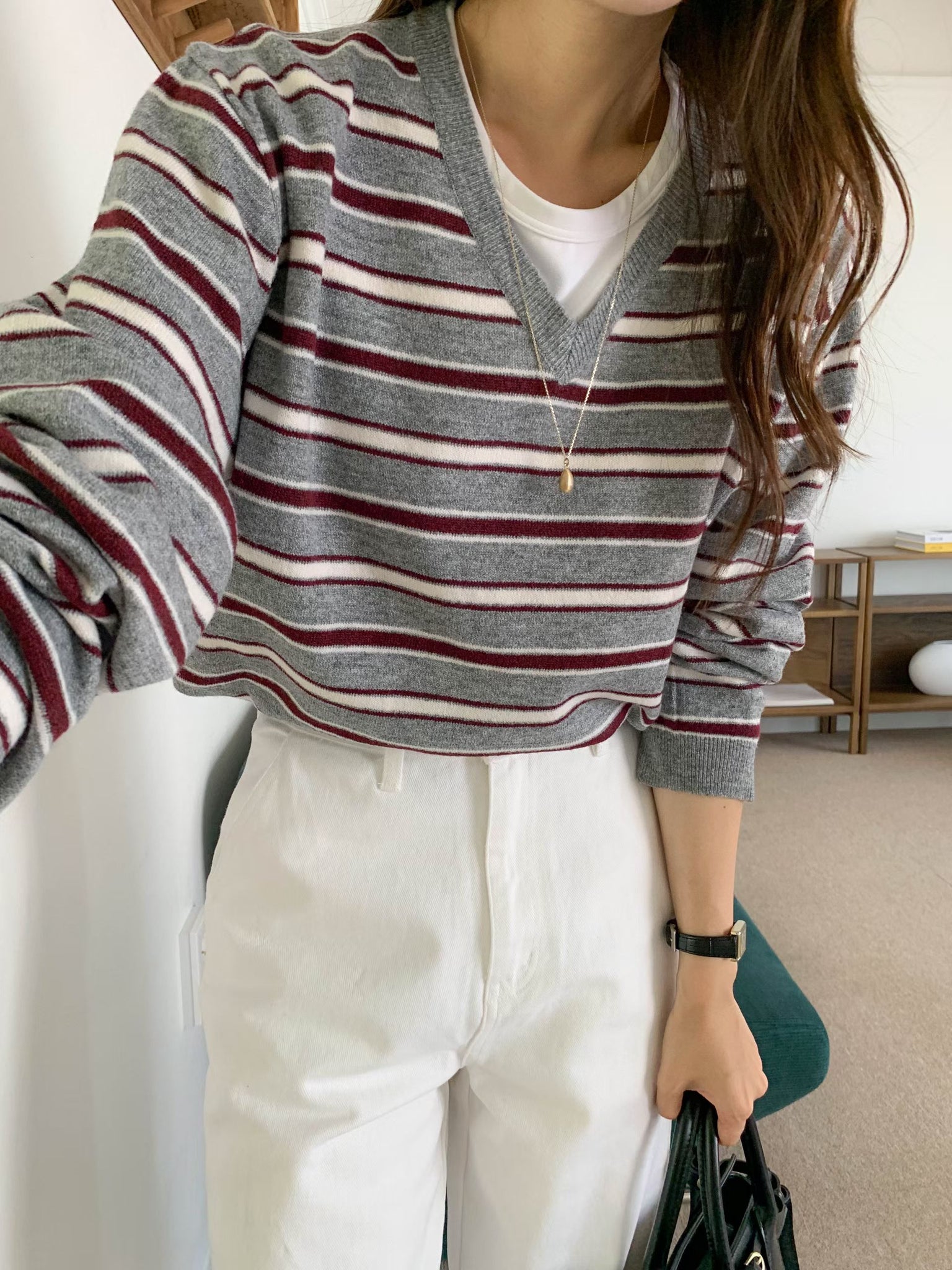 Nice Colour Mix V Neck Stripe Knit Pullover